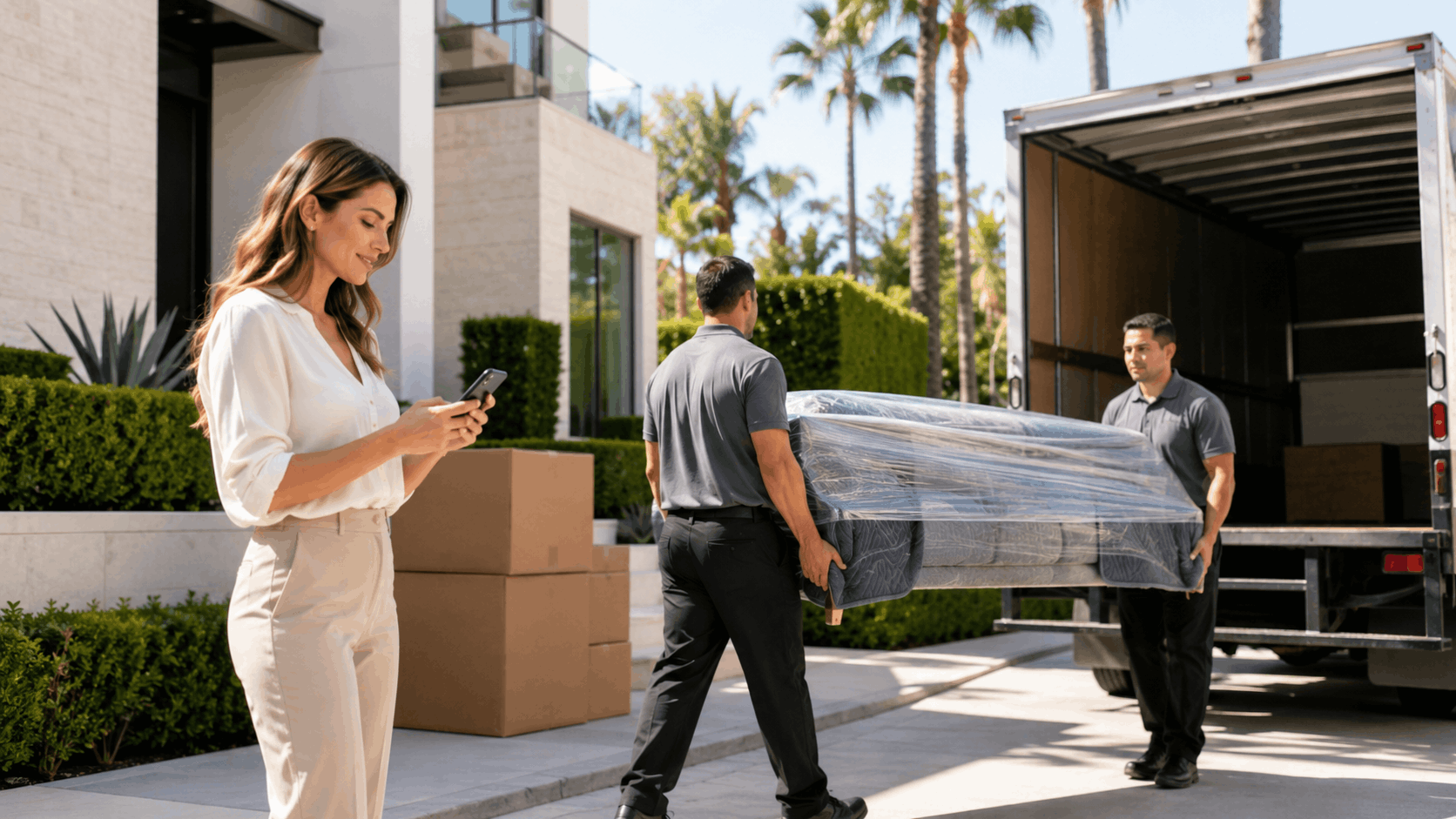 Woman on phone supervising same-day movers carrying wrapped furniture into moving truck Beverly Hills