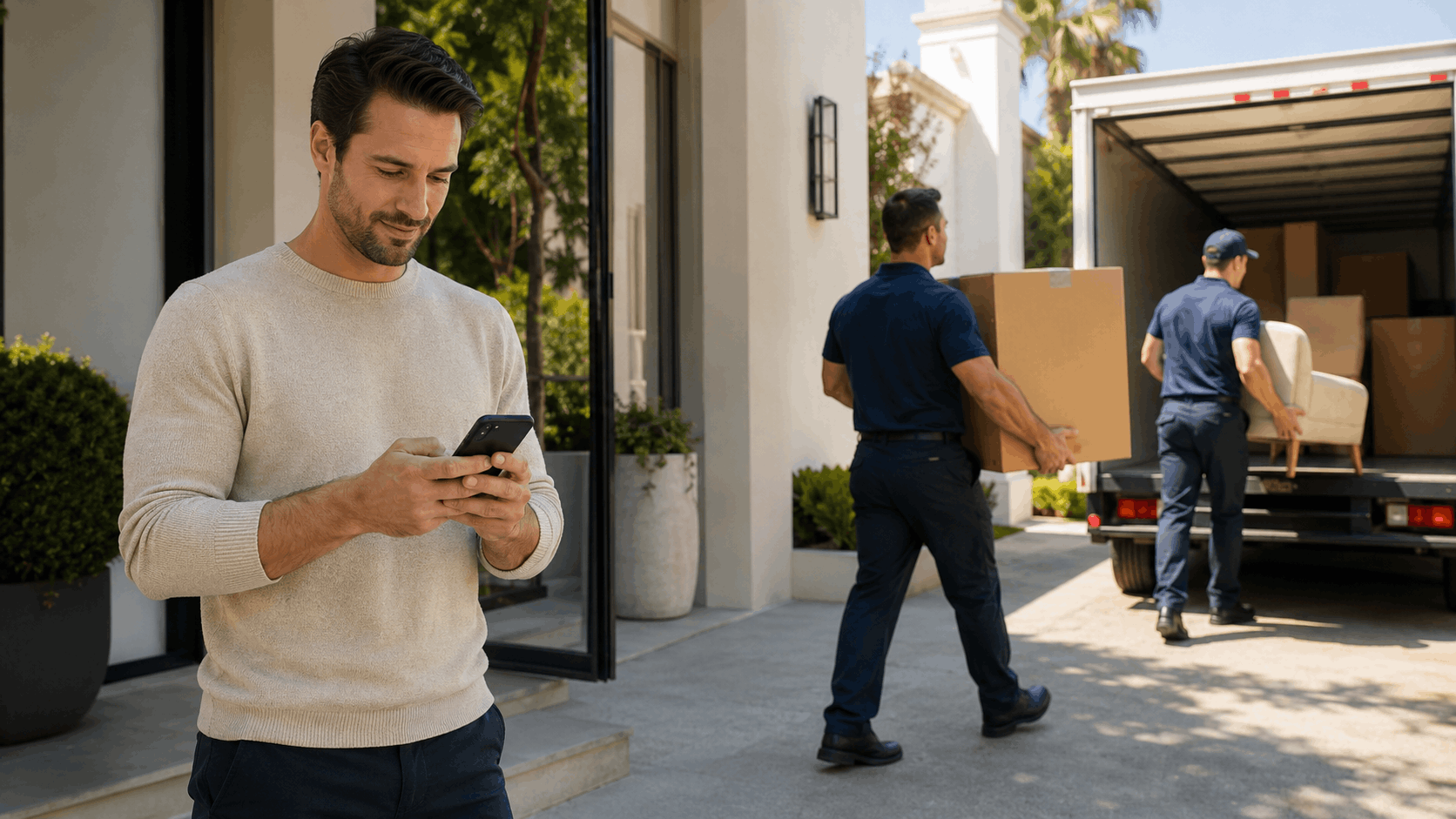 Man on phone supervising movers unloading boxes from moving truck outside LA home