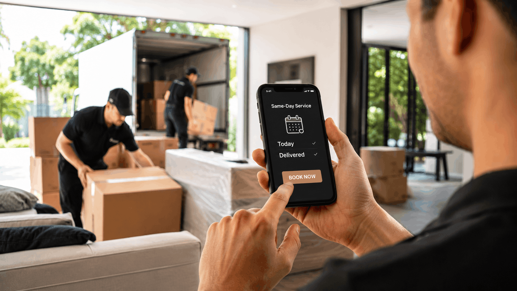 Man booking same-day moving storage service on smartphone while movers unload boxes