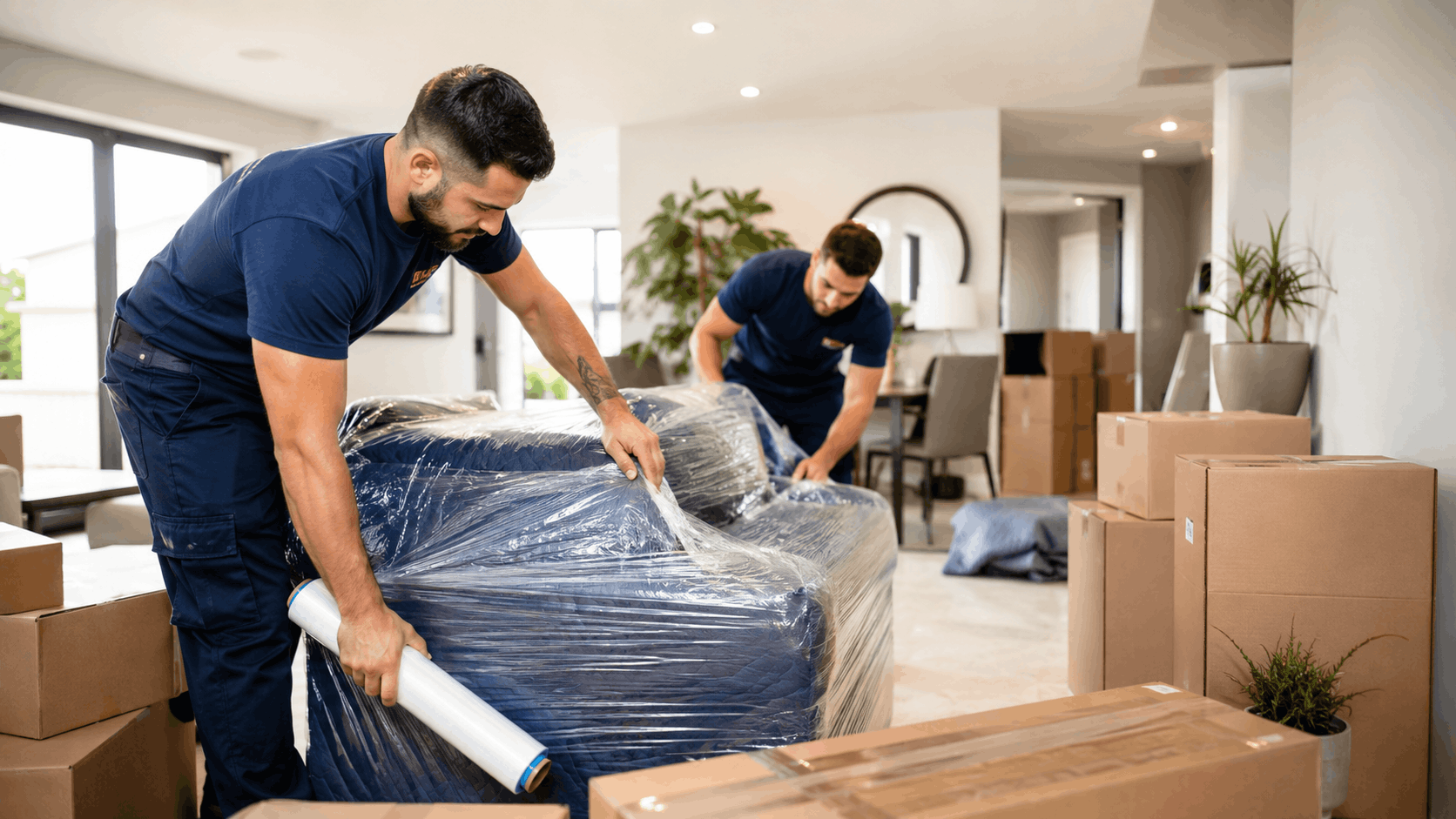 Two professional movers wrapping sofa in plastic stretch wrap during Los Angeles relocation