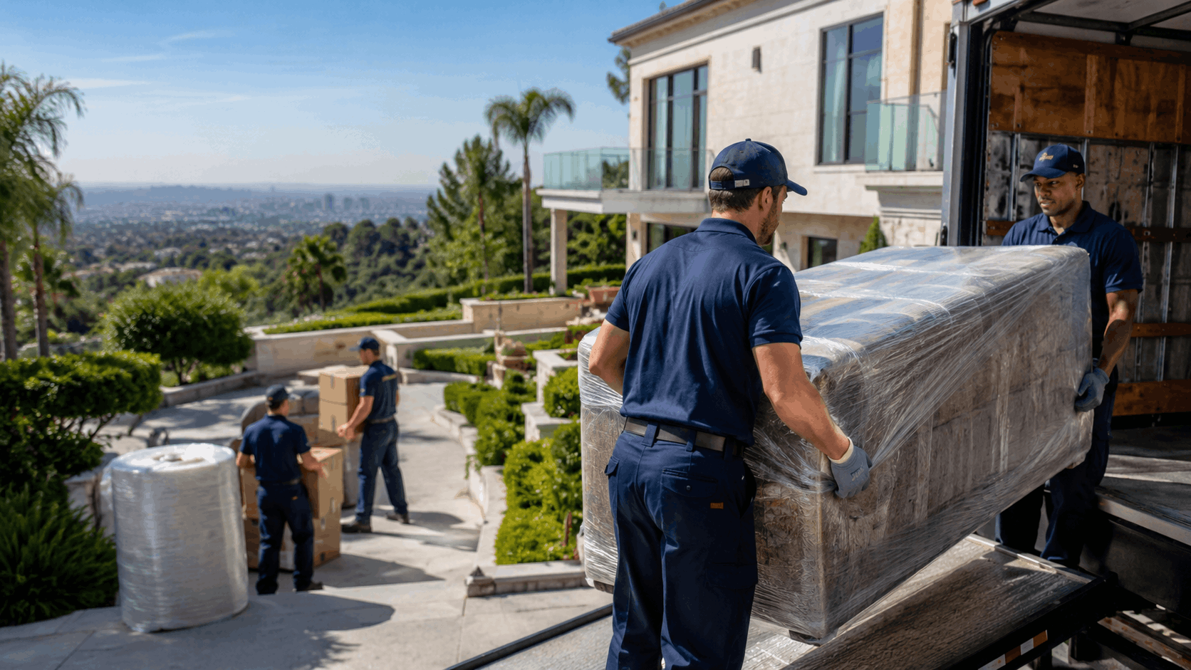 Professional movers unloading wrapped furniture at luxury Los Angeles hillside estate