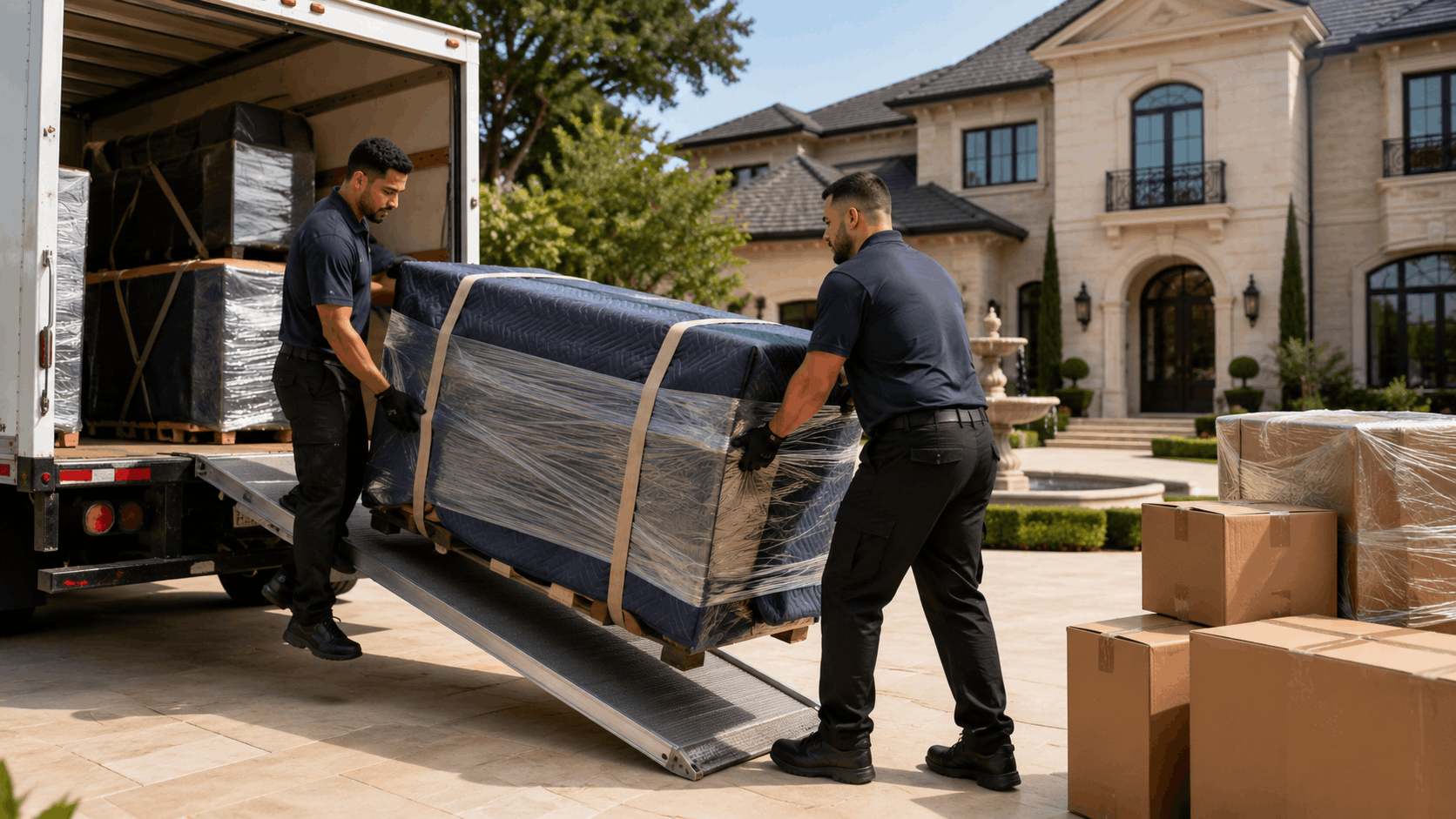 Two professional movers unloading wrapped furniture from moving truck at luxury estate
