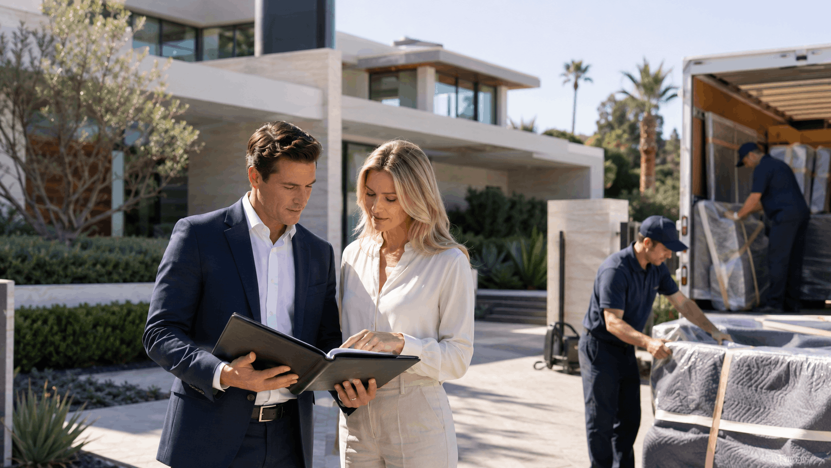 Los Angeles movers unloading truck while couple reviews moving paperwork outside luxury home
