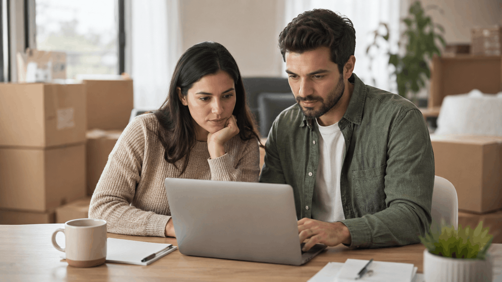 Couple reviewing moving company information on laptop surrounded by cardboard boxes