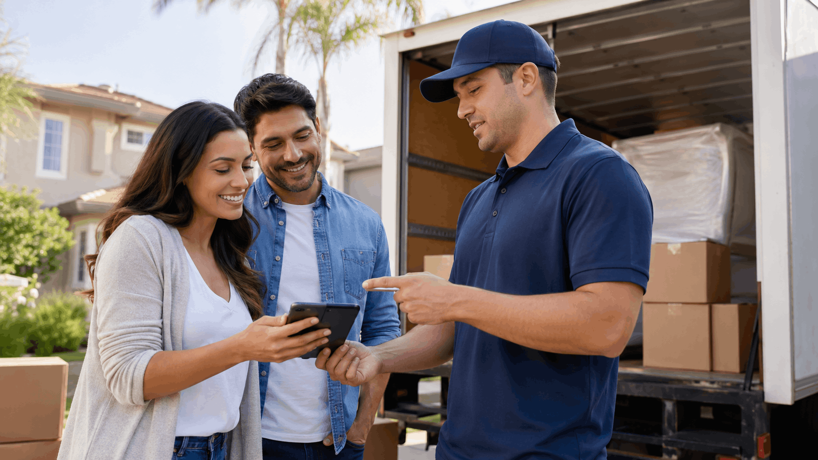 Couple reviewing moving contract on phone with professional licensed mover beside truck