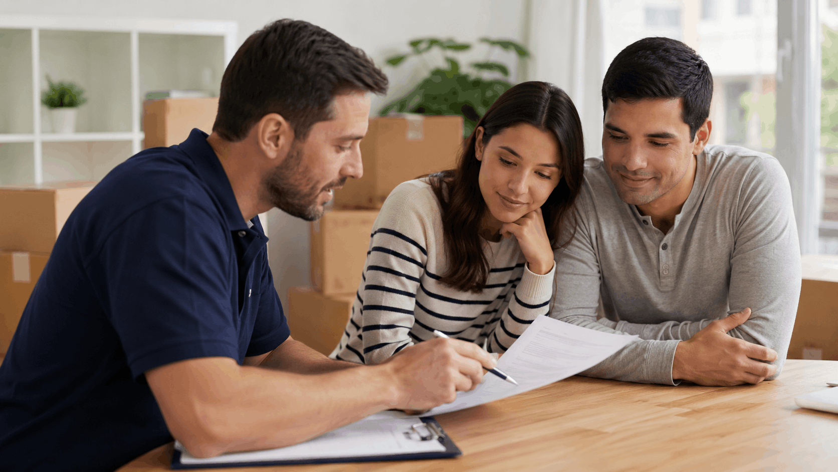 Moving company representative reviewing relocation contract with couple amid cardboard boxes