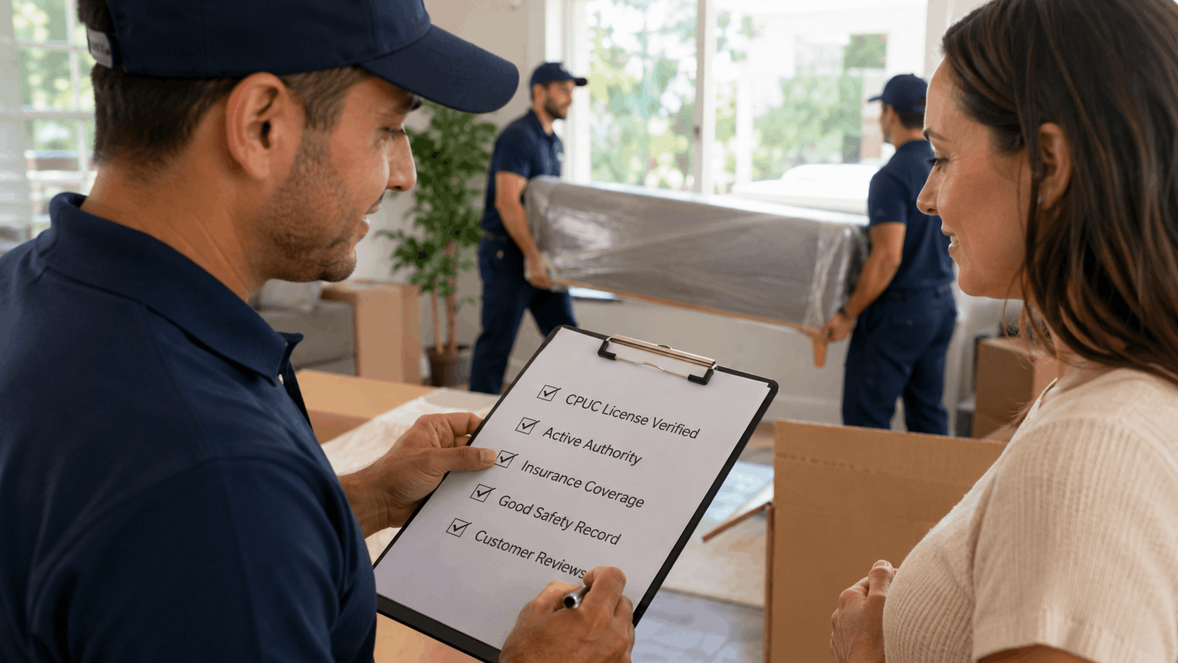 Moving company representative showing customer CPUC license verification checklist during Los Angeles relocation
