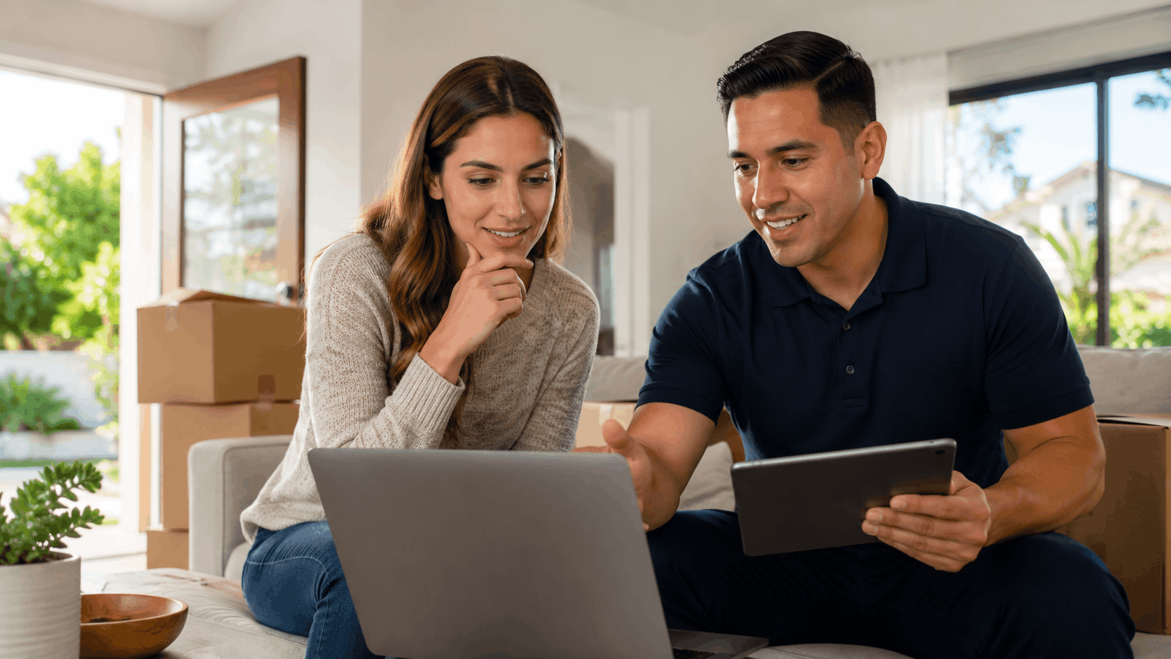 Couple reviewing moving plans on laptop and tablet with cardboard boxes