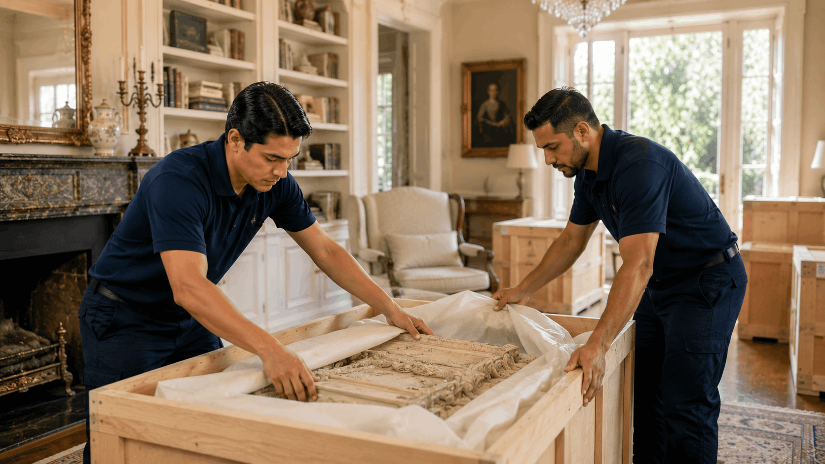 Two professional movers carefully unpacking antique artwork in elegant Hancock Park home