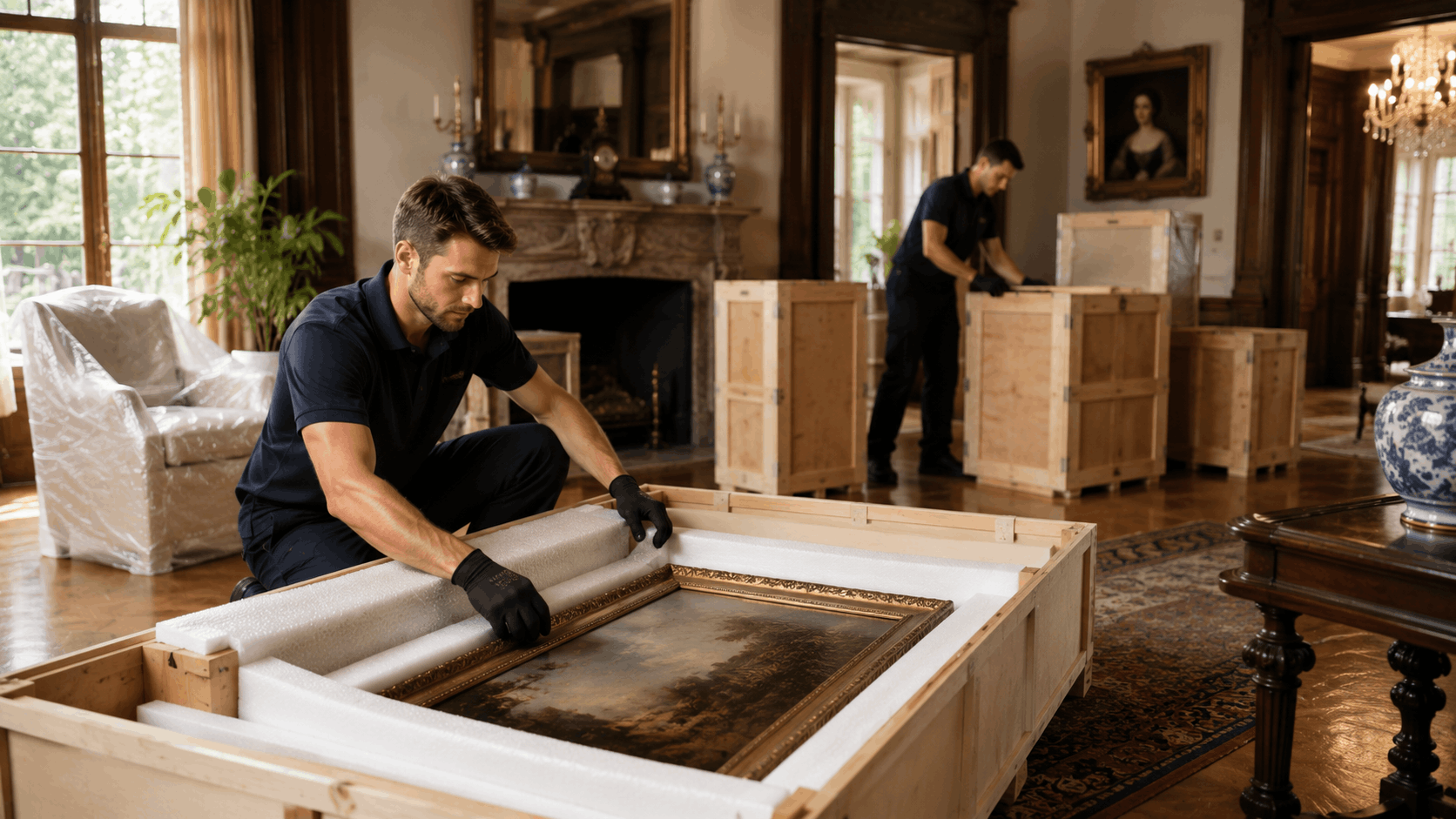 Professional movers carefully packing antique oil painting in custom wooden crate inside luxury estate