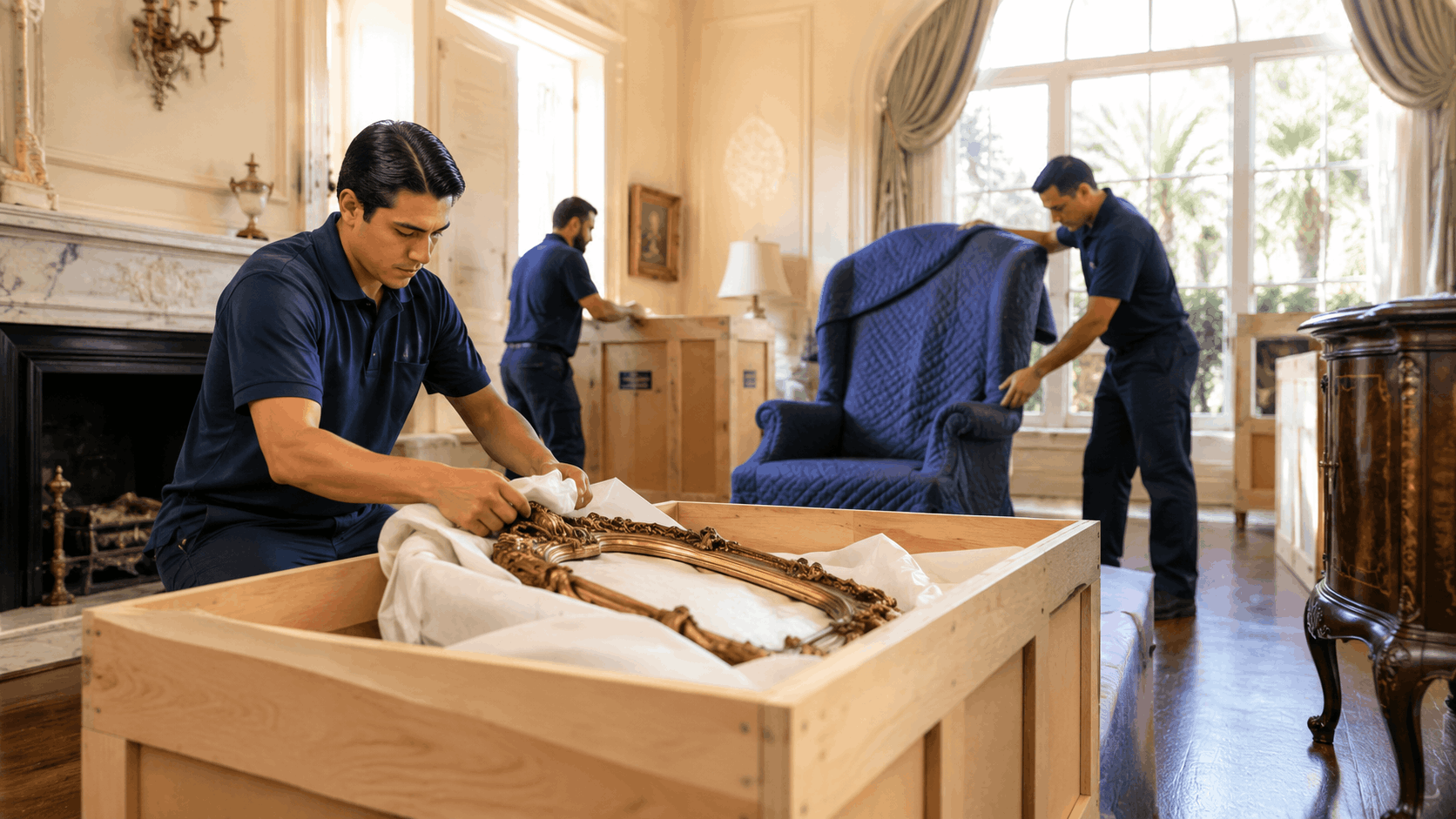 Professional movers carefully packing ornate antique mirror into wooden crate in historic Los Angeles mansion