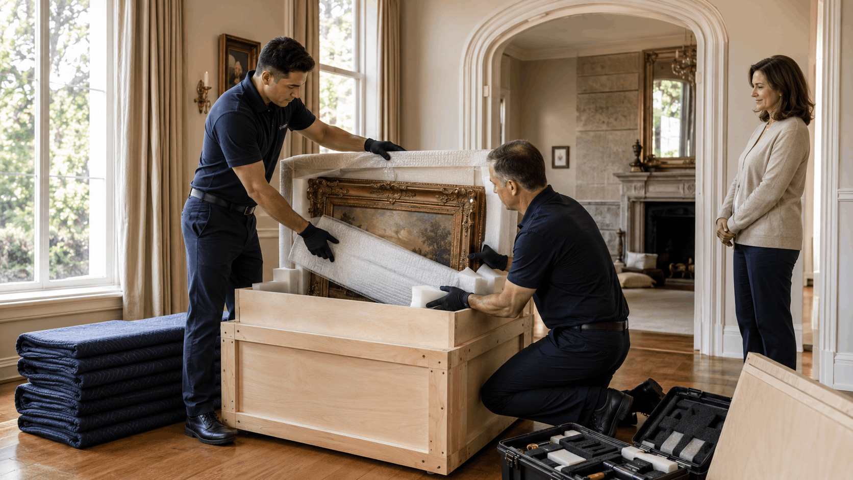 Two professional Hancock Park movers carefully packing framed artwork into wooden crate