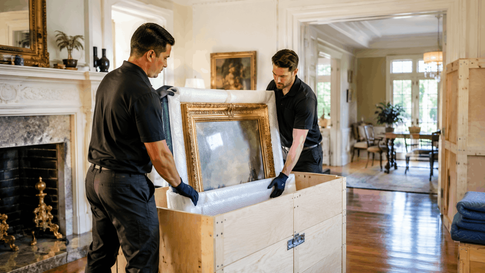 Two professional movers carefully packing a framed painting into a wooden crate