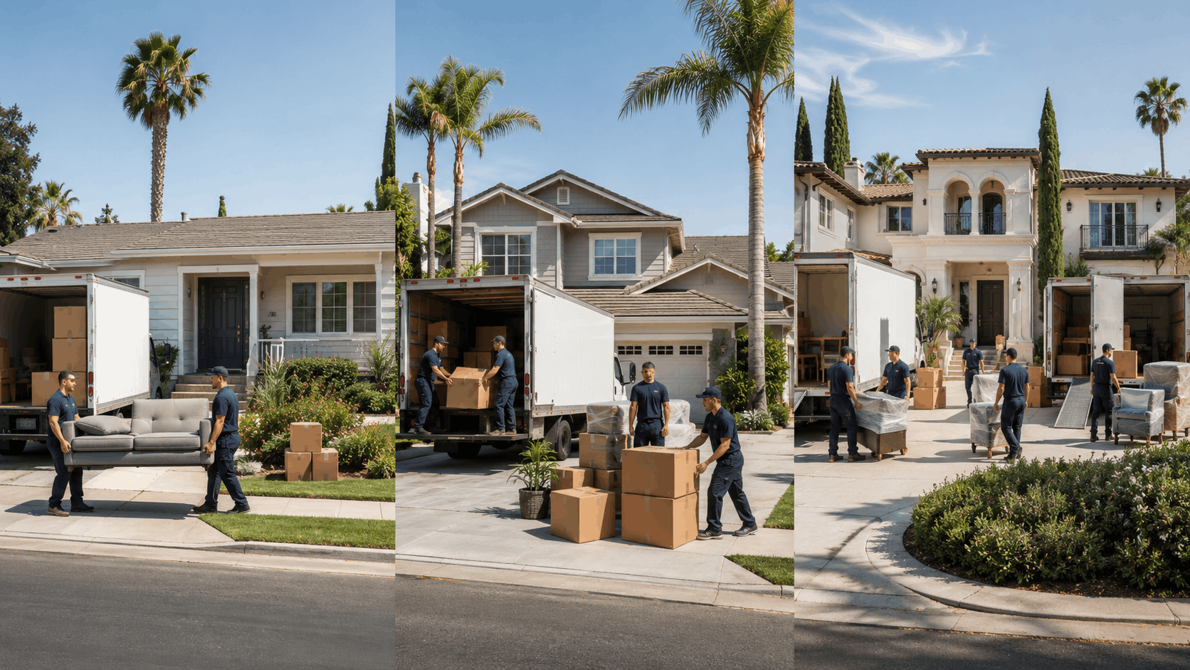 Professional movers unloading furniture and boxes from truck at Los Angeles homes