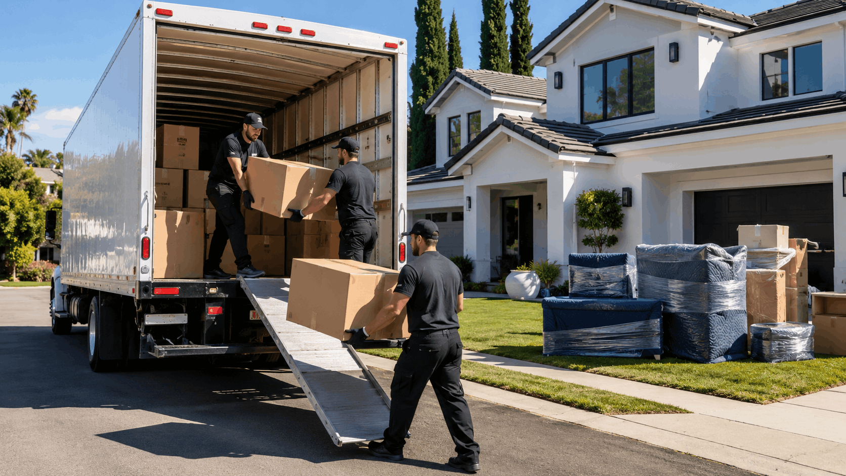 Three movers unloading cardboard boxes from moving truck at Los Angeles home