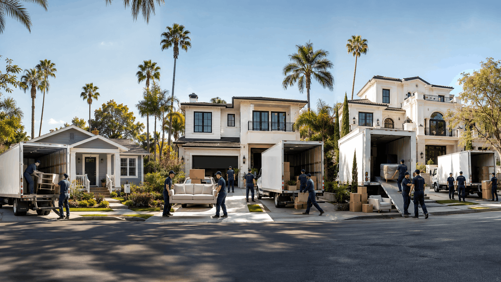 Professional movers unloading trucks outside luxury Los Angeles homes with palm trees