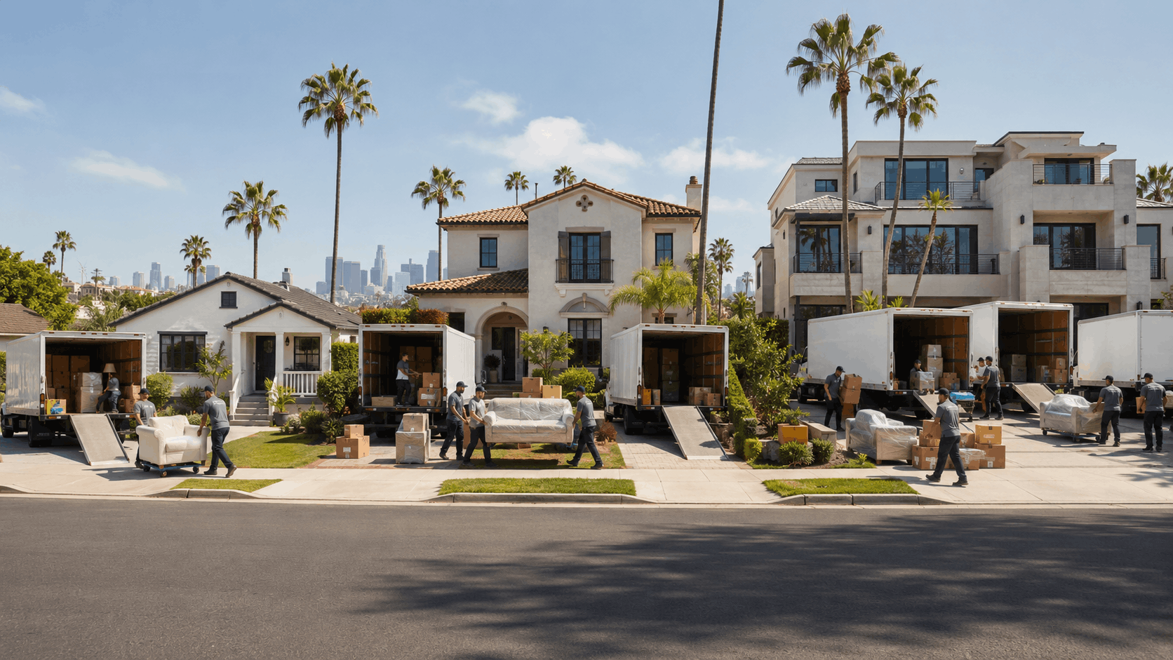Professional movers unloading multiple moving trucks outside Los Angeles homes with palm trees