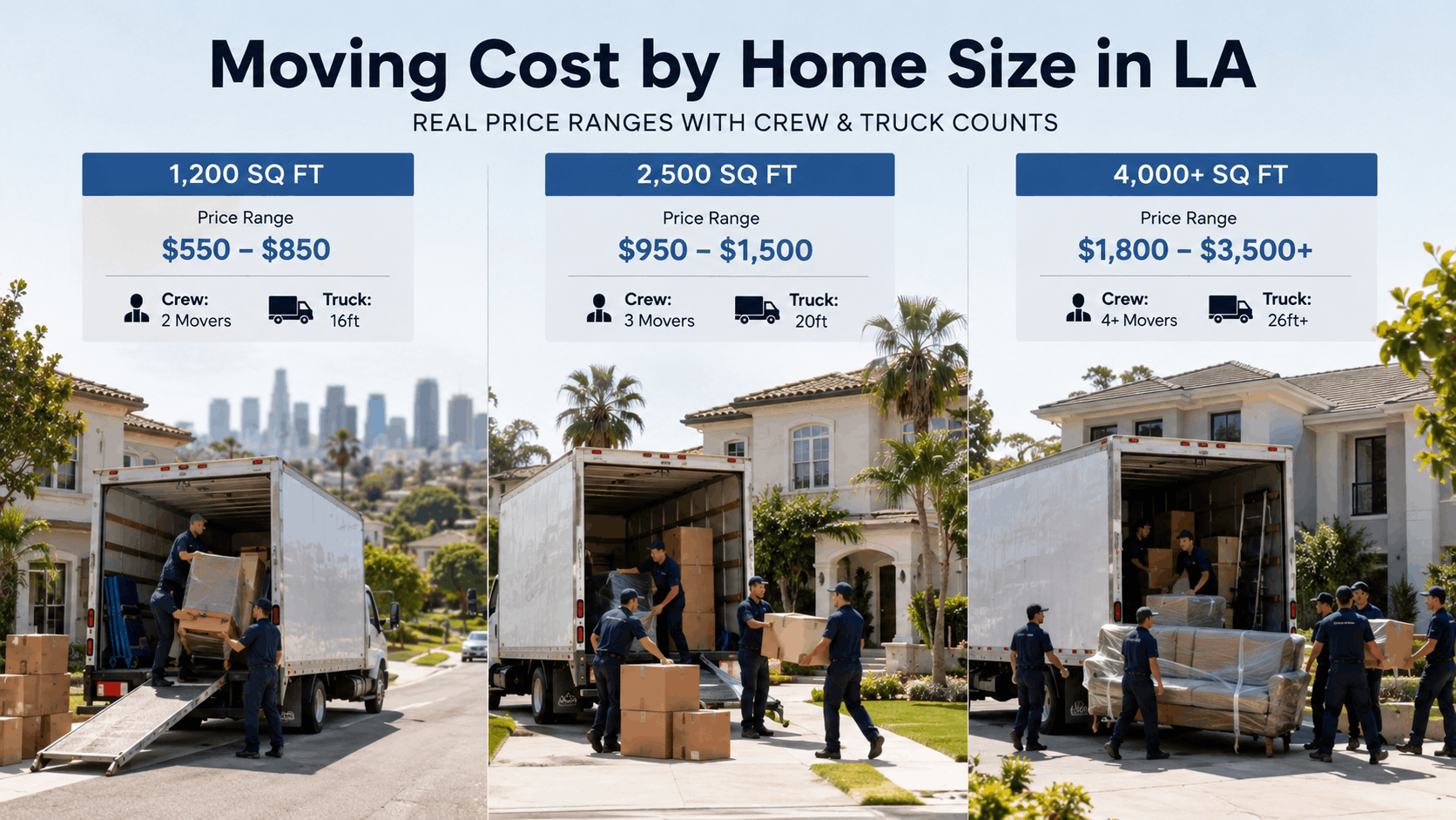 Moving cost by home size in LA infographic showing movers loading trucks for 1200, 2500, and 4000 square foot homes