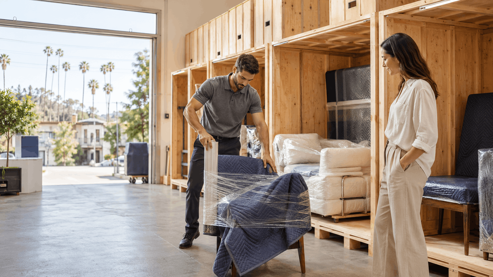 Moving professional wrapping furniture in protective blankets inside vaulted storage facility Los Angeles