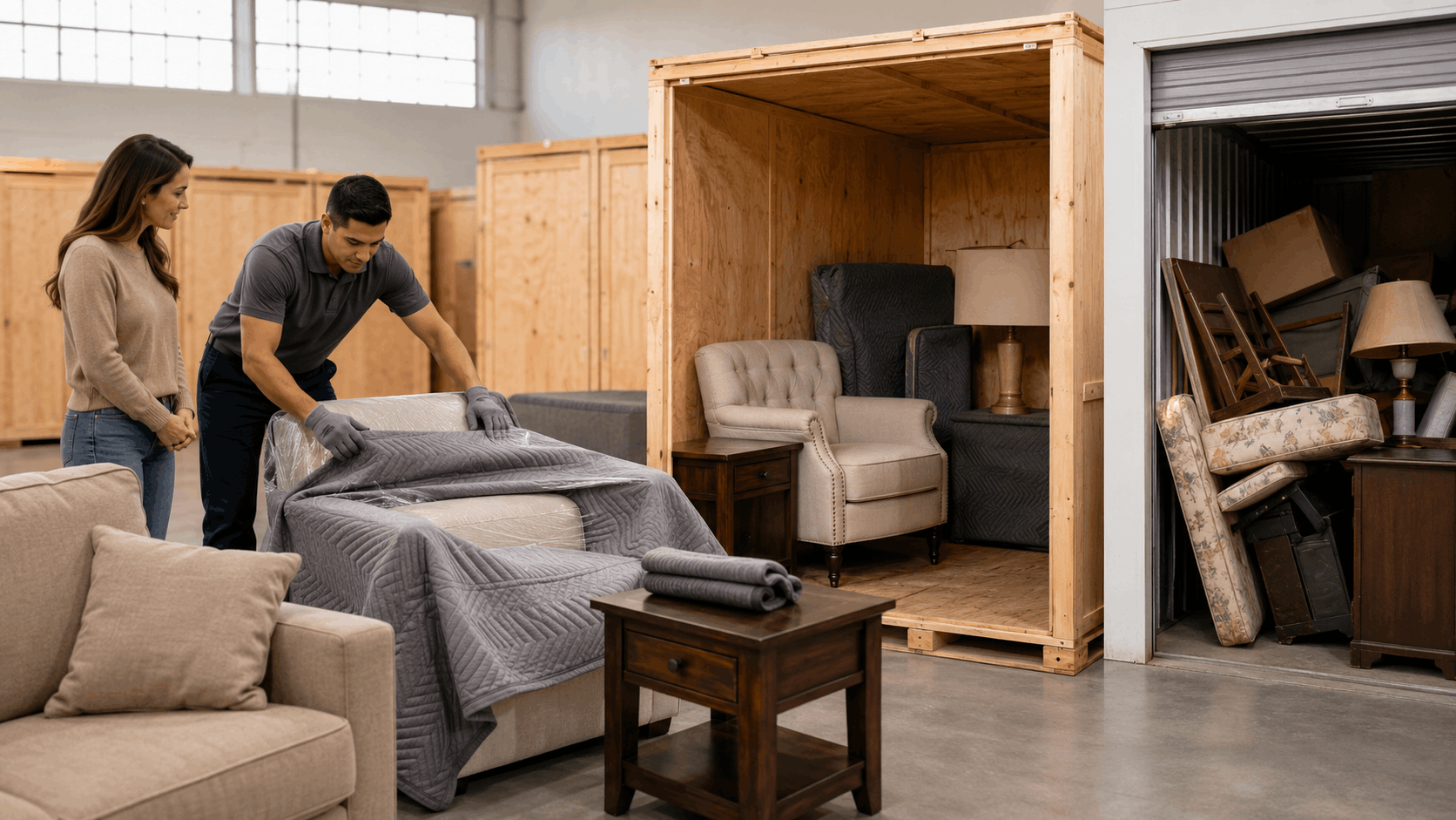 Movers carefully wrapping furniture in protective blankets inside vaulted wooden storage vault