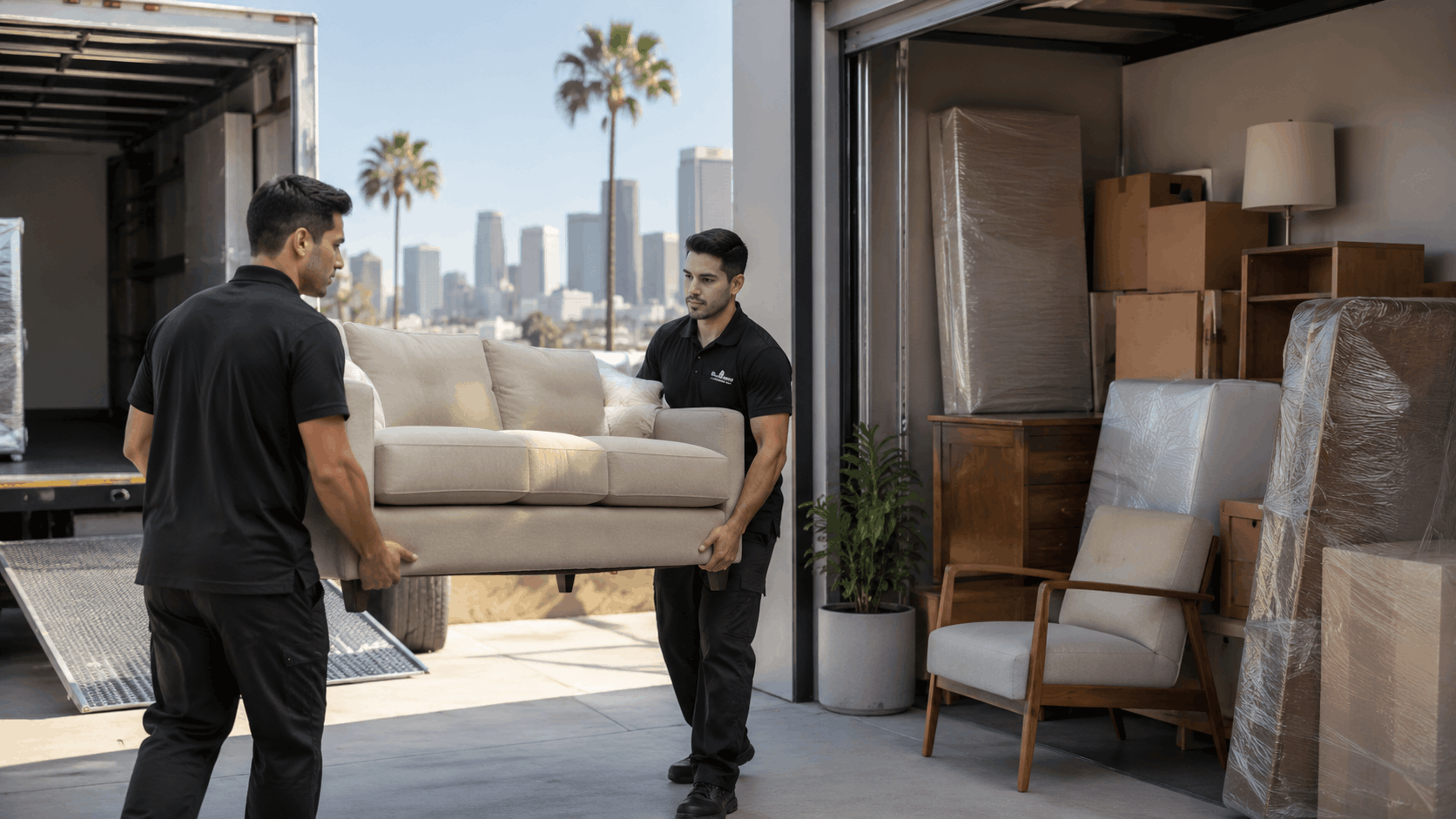Two professional movers carrying cream sofa into Los Angeles storage facility