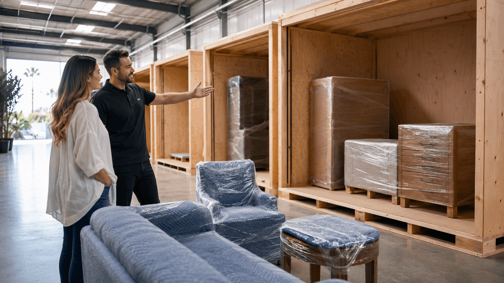 Moving consultant showing plastic-wrapped furniture and wooden storage vaults to female customer in Los Angeles warehouse