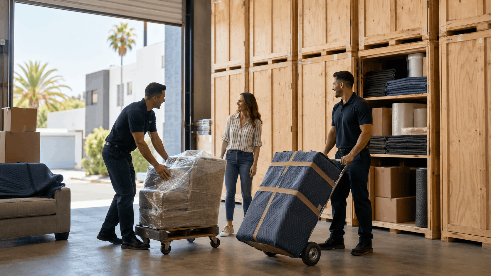 Two movers and a customer organizing furniture in a West LA storage facility