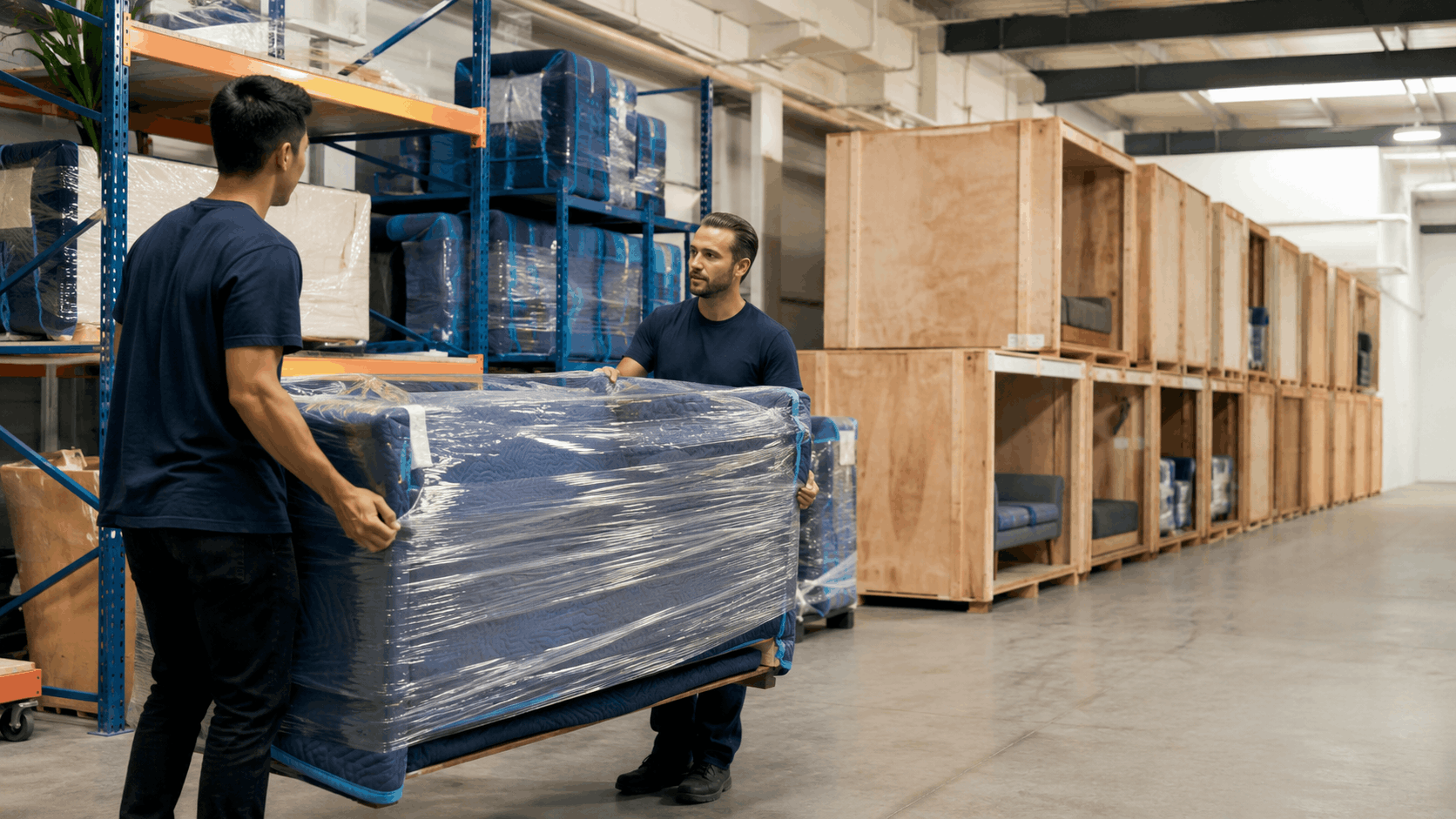 Two movers carrying plastic-wrapped mattress inside professional moving warehouse storage facility