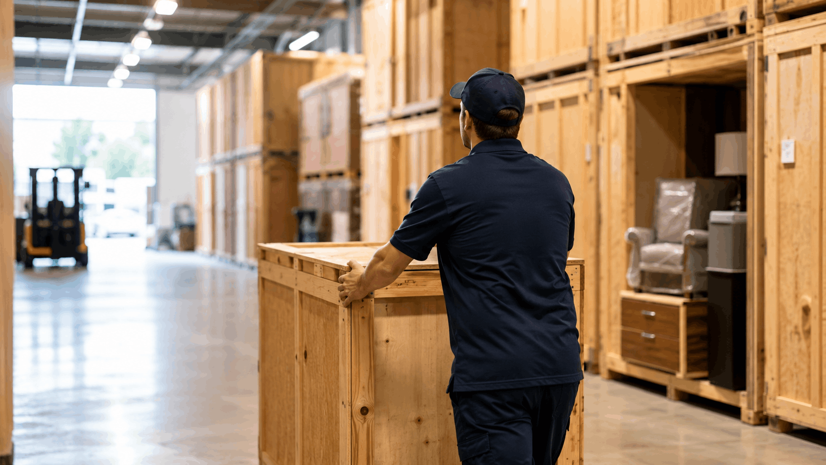 Warehouse worker pushing wooden storage crate in West LA moving and storage facility