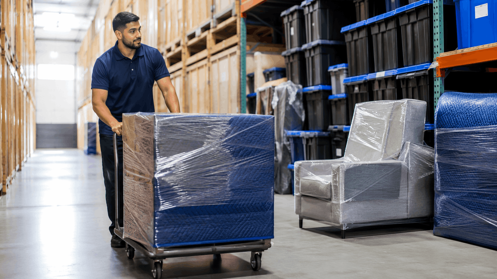 Mover transporting plastic-wrapped furniture on dolly in West LA storage warehouse