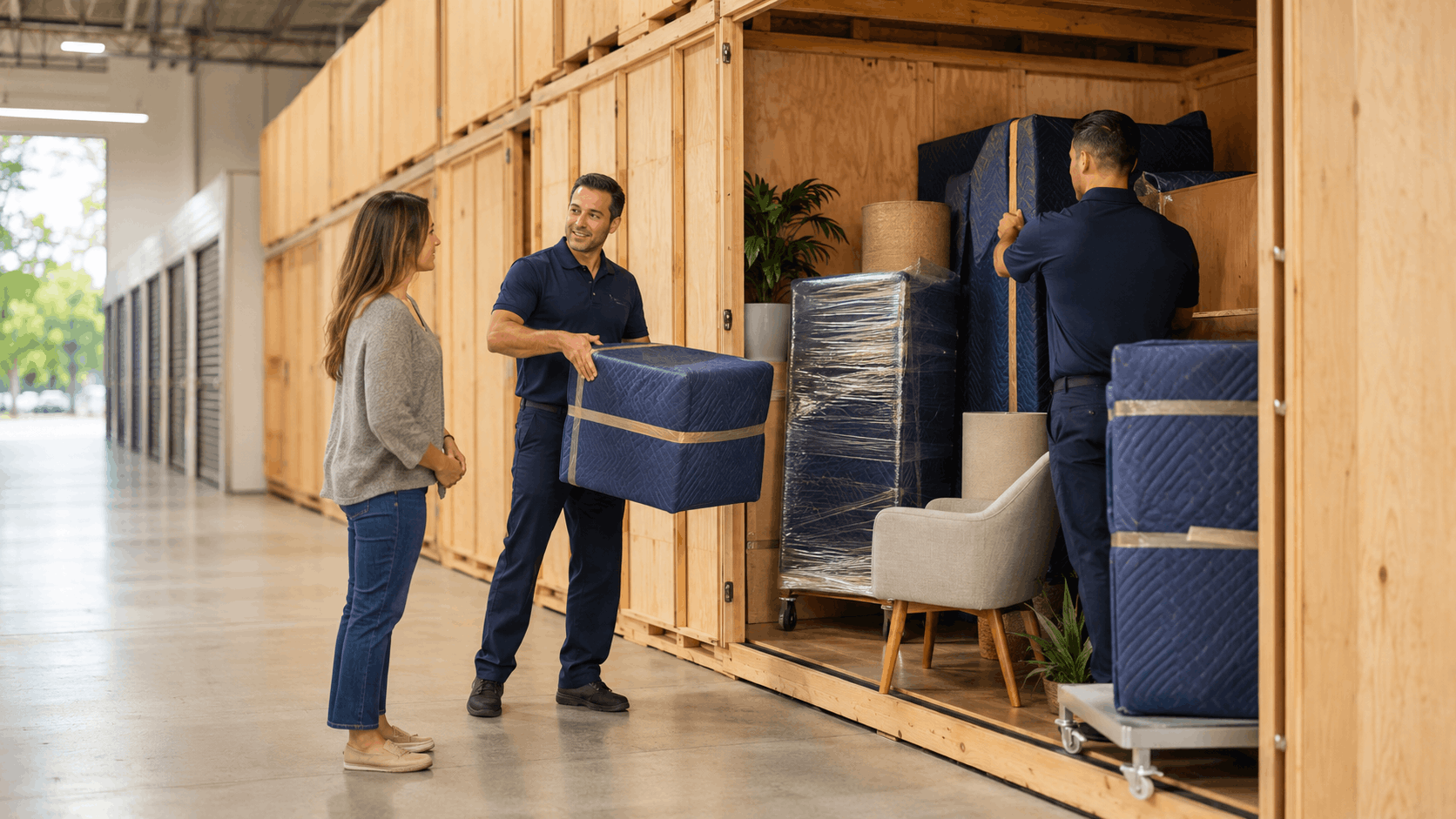 Two Popeye Moving & Storage movers helping woman unload furniture into Los Angeles storage unit