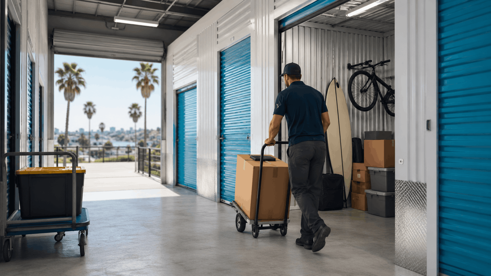 Man moving boxes into beachside self-storage unit with blue roll-up doors Los Angeles