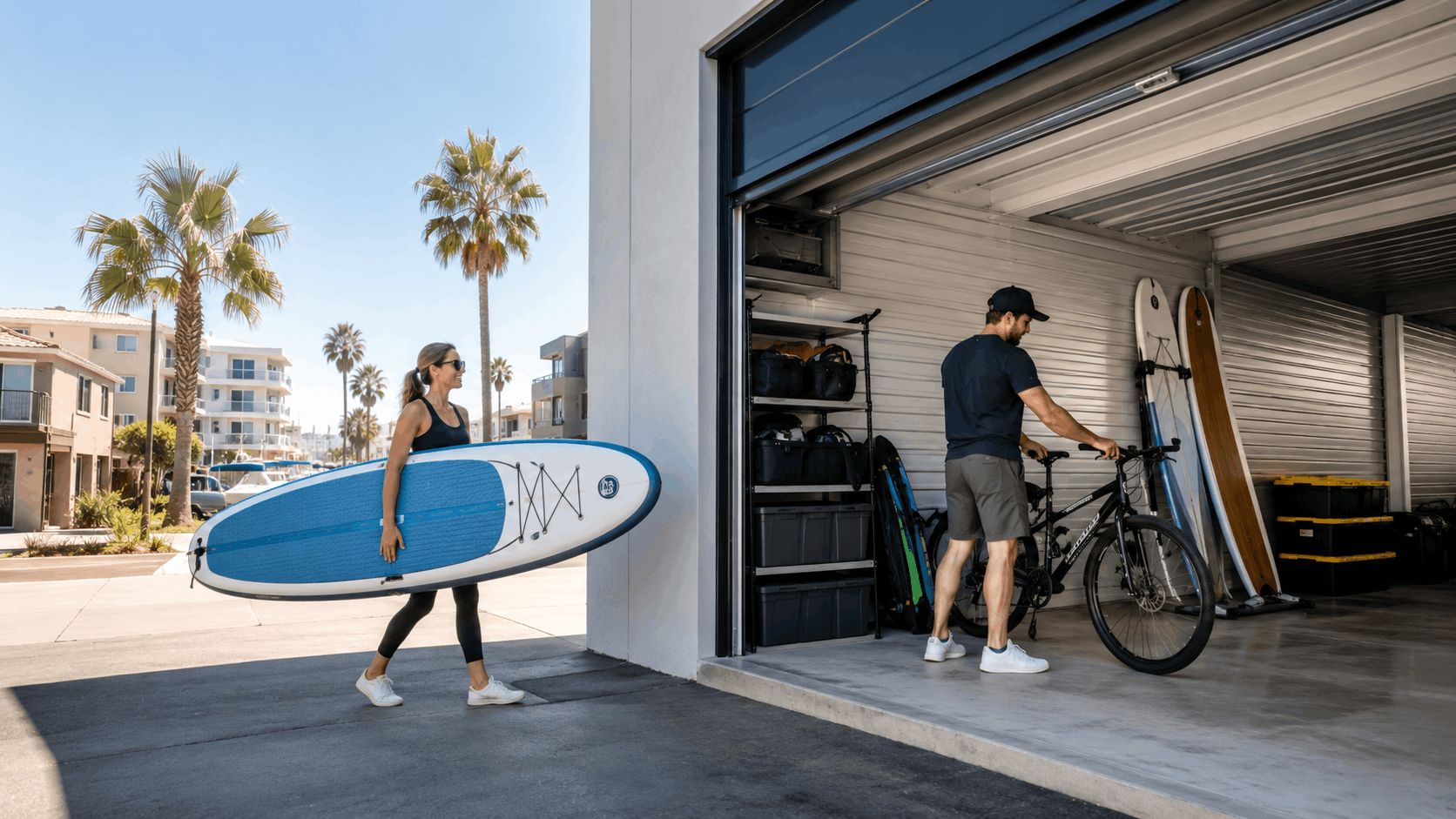 Woman carrying blue paddleboard toward open storage unit with surfboards and bicycle