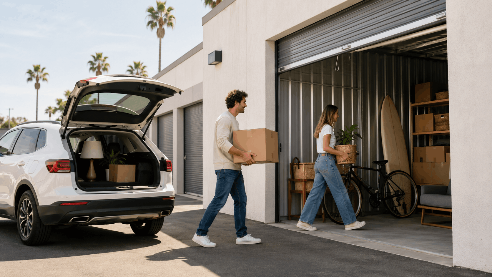 Couple loading boxes into SUV at Los Angeles self-storage unit facility
