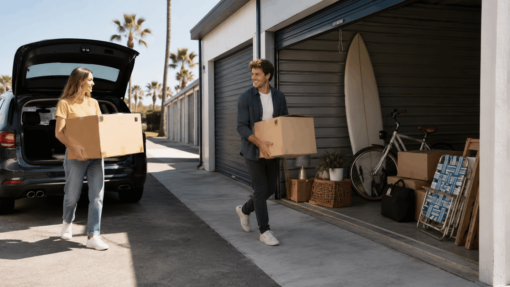 Couple carrying cardboard boxes into outdoor self-storage unit in Los Angeles