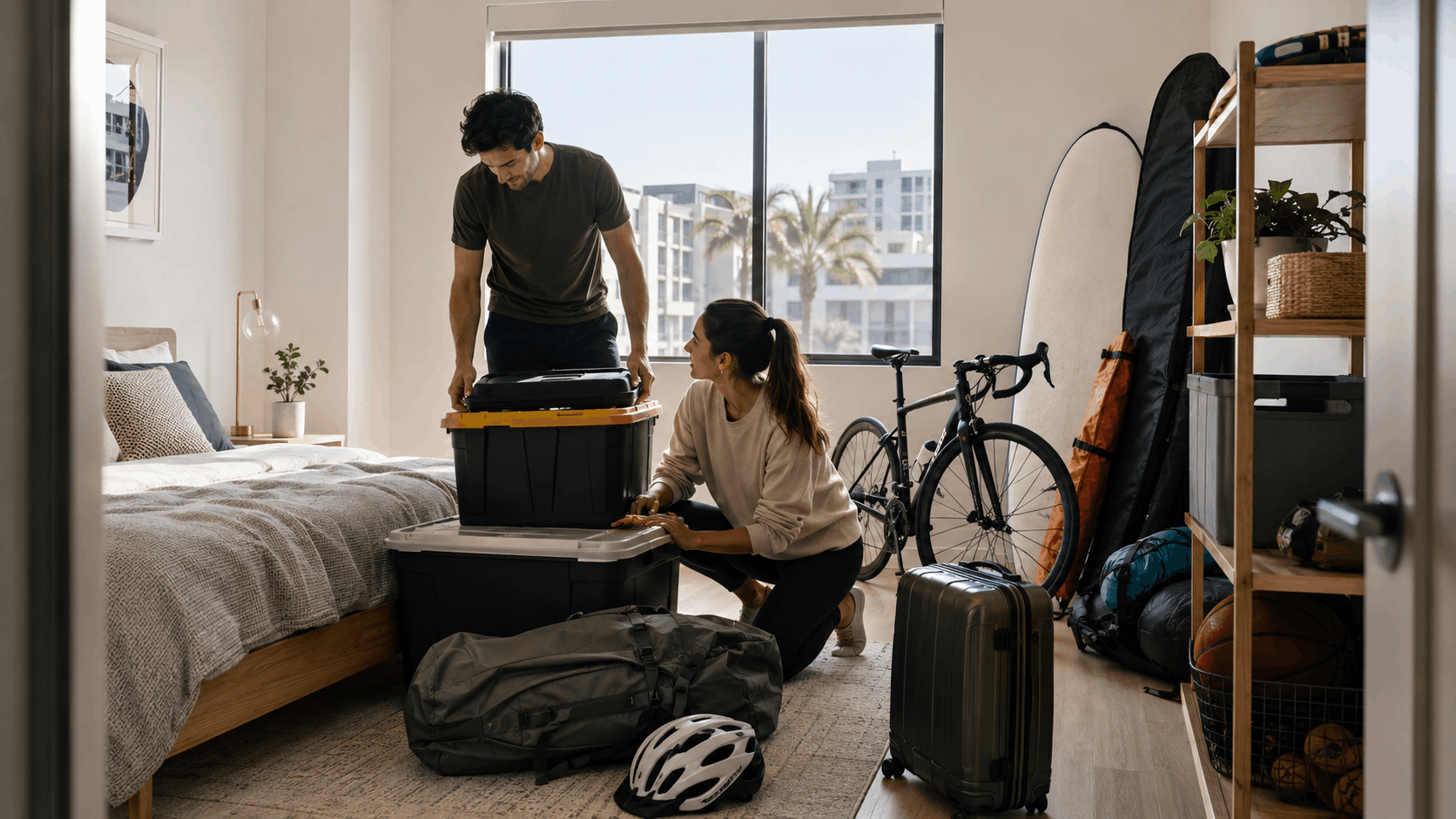 Couple packing storage bins and luggage in a cramped Playa Vista apartment bedroom