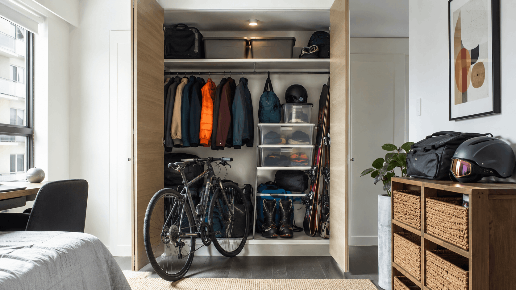 Organized closet storing bike, ski gear, helmets, jackets, and seasonal equipment efficiently