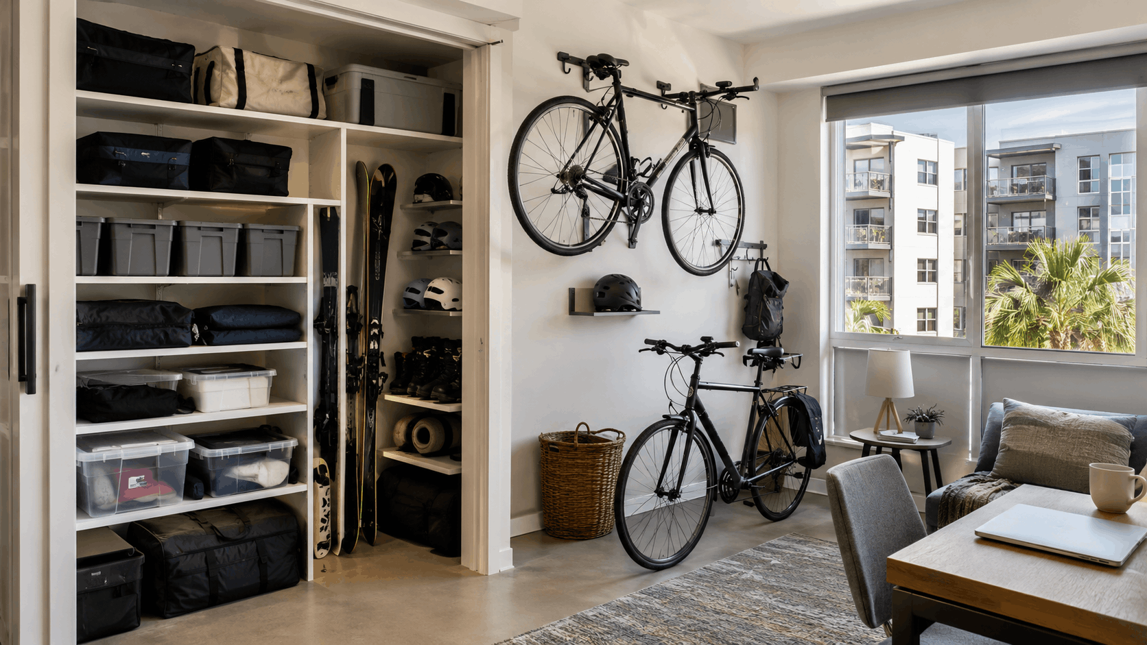 Organized apartment storage closet with bikes, skis, helmets, and bins in Los Angeles