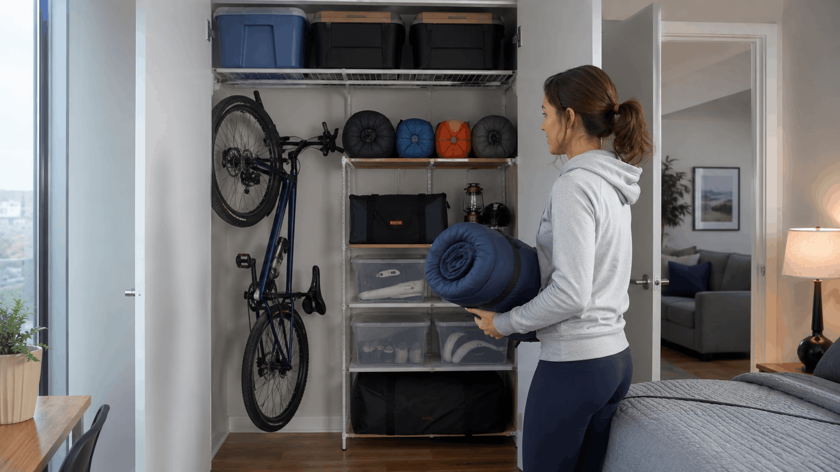 Woman storing rolled sleeping bag in organized closet with bike, camping gear, and storage bins