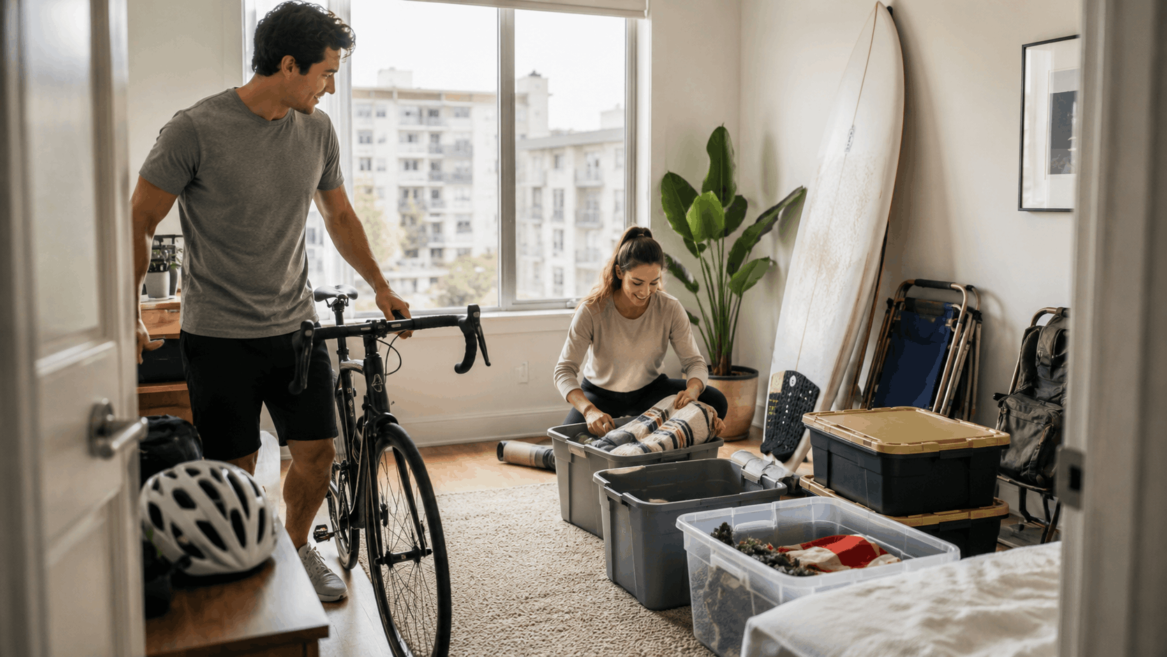 Couple packing storage bins and road bike while moving in Los Angeles apartment