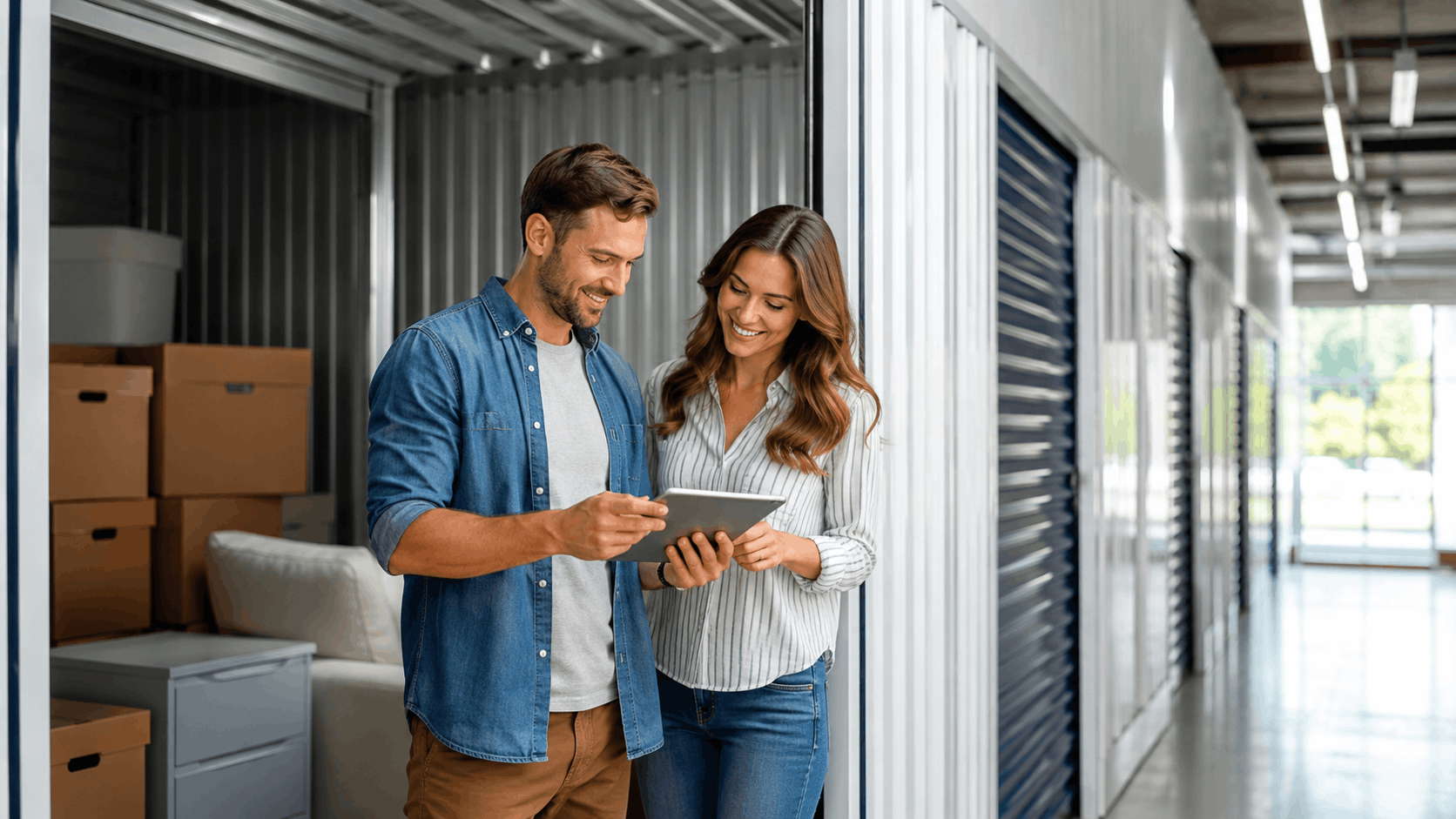Couple reviewing long-term storage unit rental agreement on tablet in Los Angeles facility