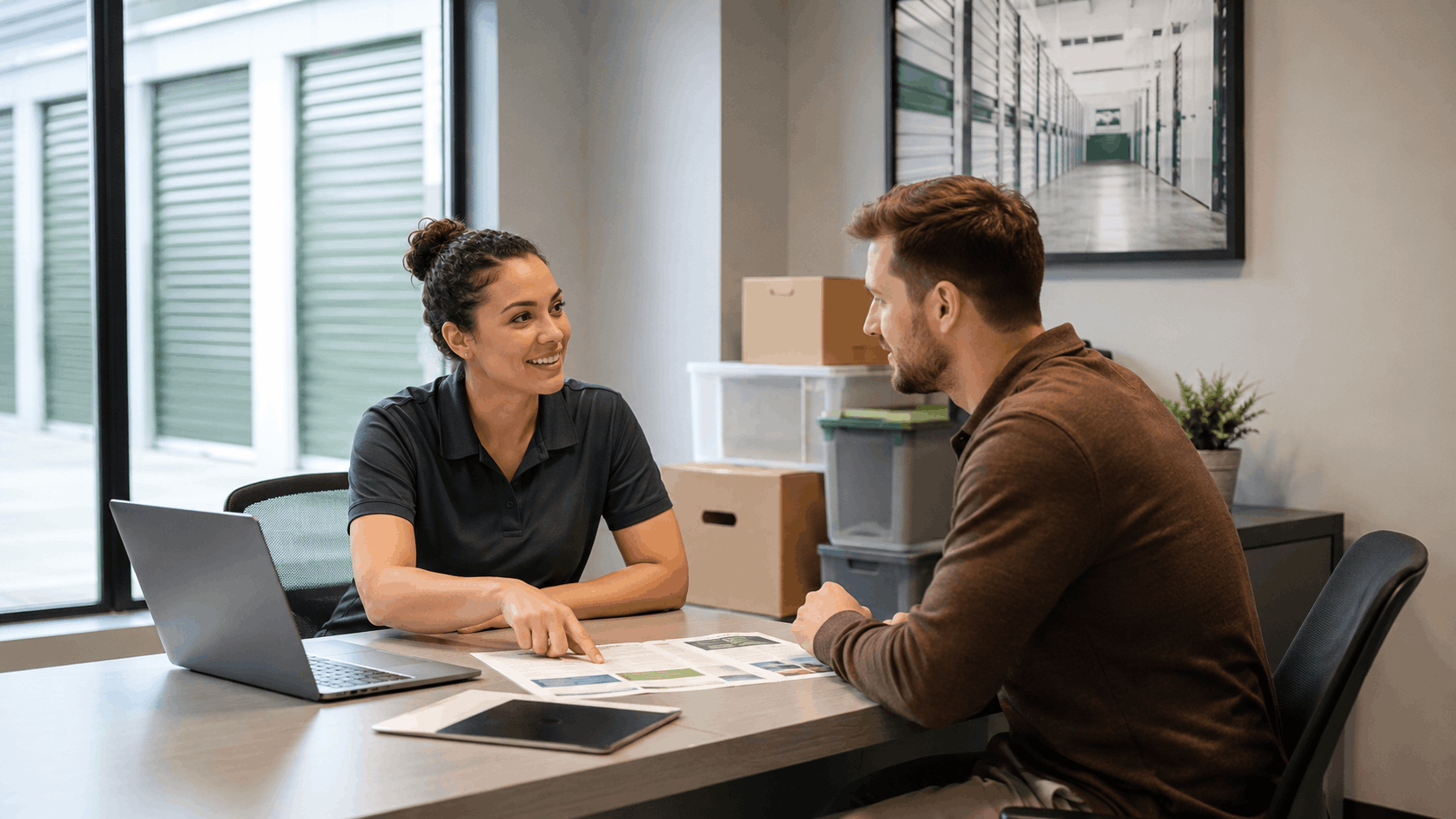 Storage facility manager consulting with customer about storage unit options in Los Angeles office