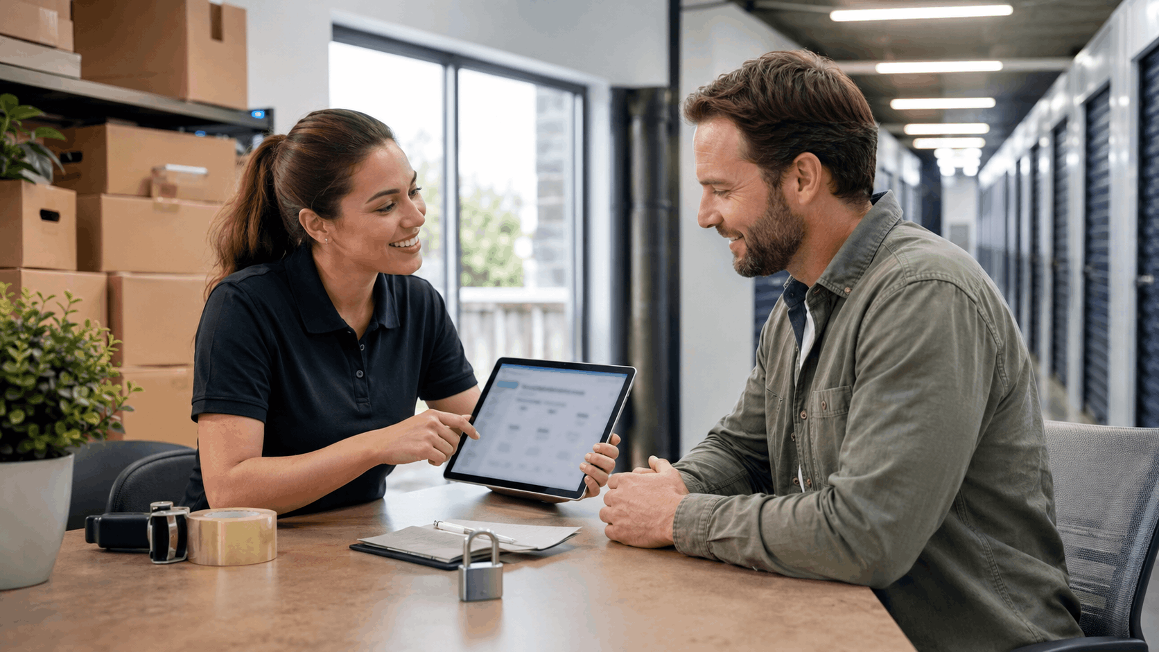 Storage facility employee showing rental pricing options on tablet to customer