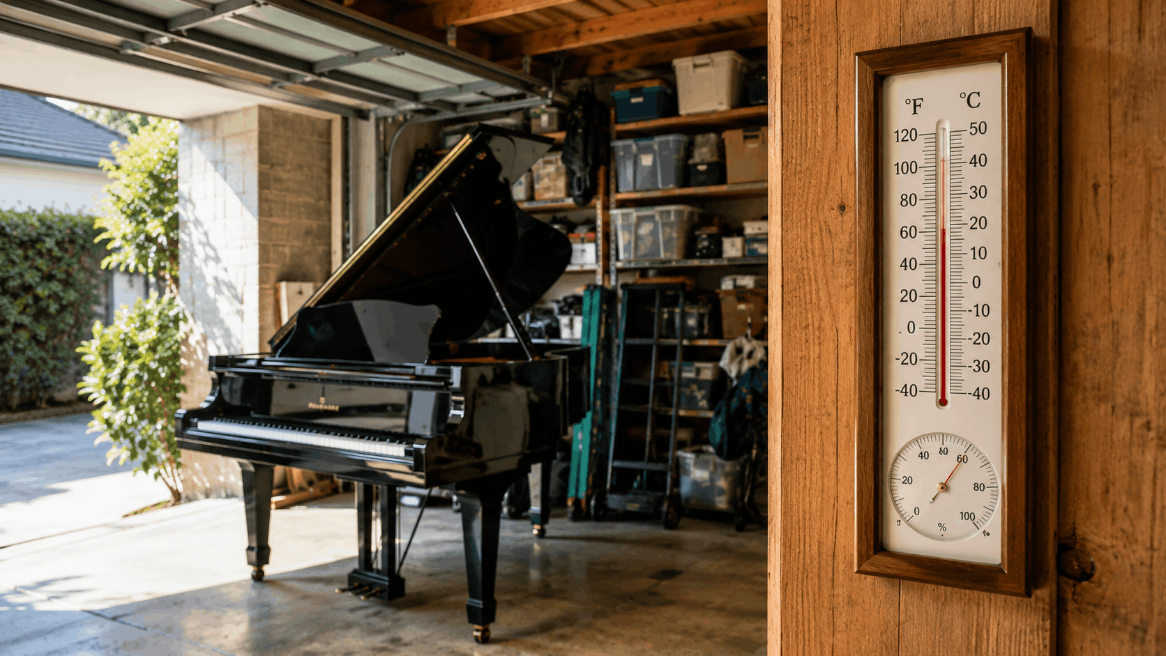 Grand piano in Los Angeles garage with thermometer showing high temperature and humidity