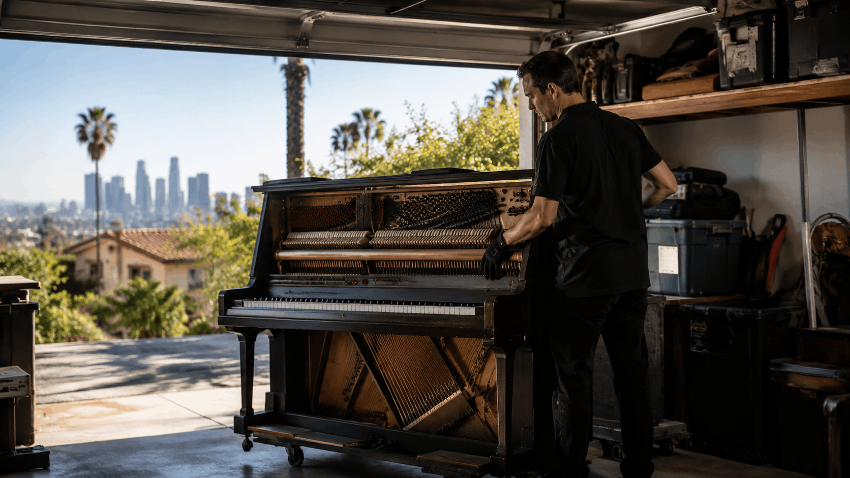 Piano technician inspecting open grand piano soundboard and action in Los Angeles garage