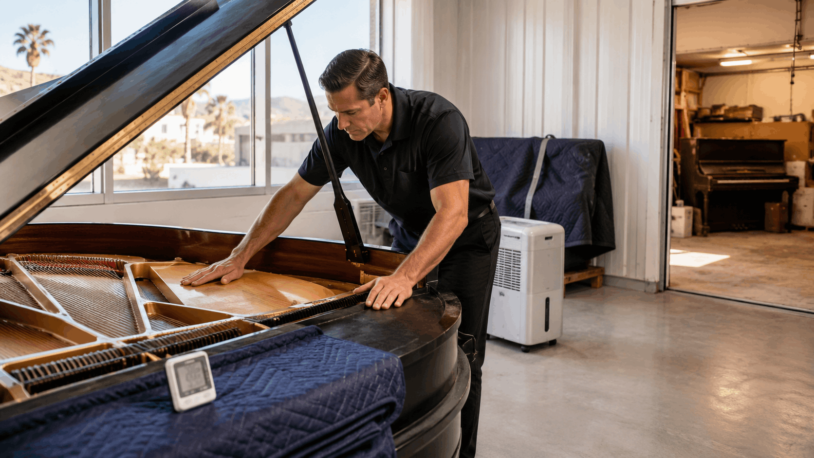 Piano technician inspecting grand piano interior before storage at Los Angeles facility