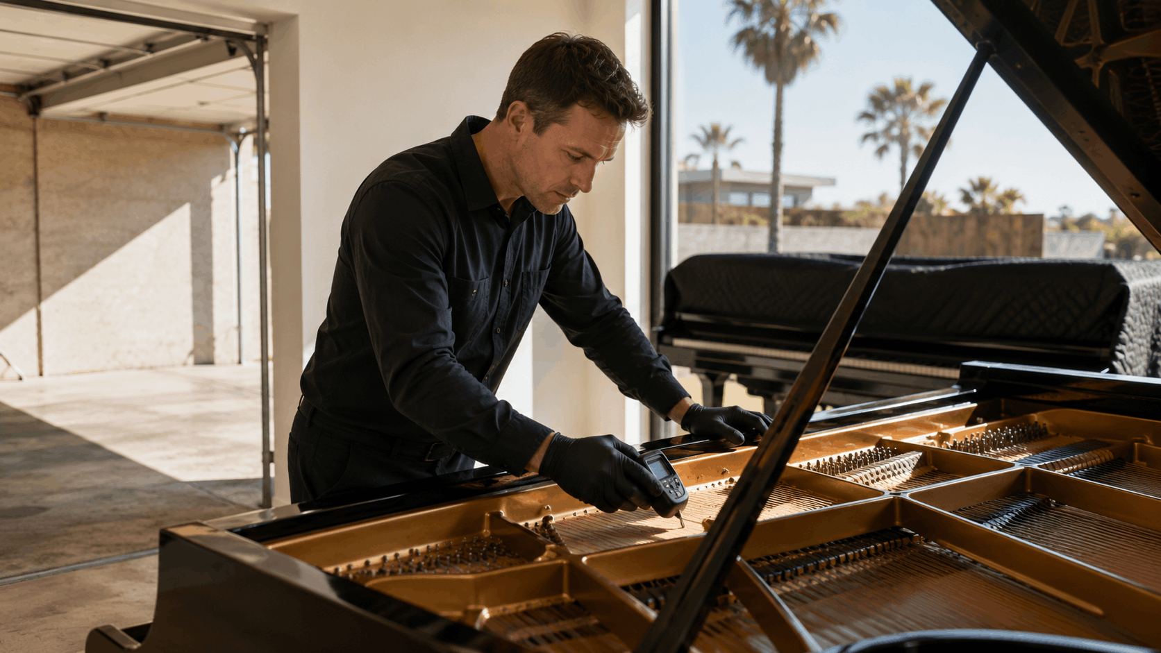 Piano technician tuning grand piano strings with electronic tuning device in Los Angeles home