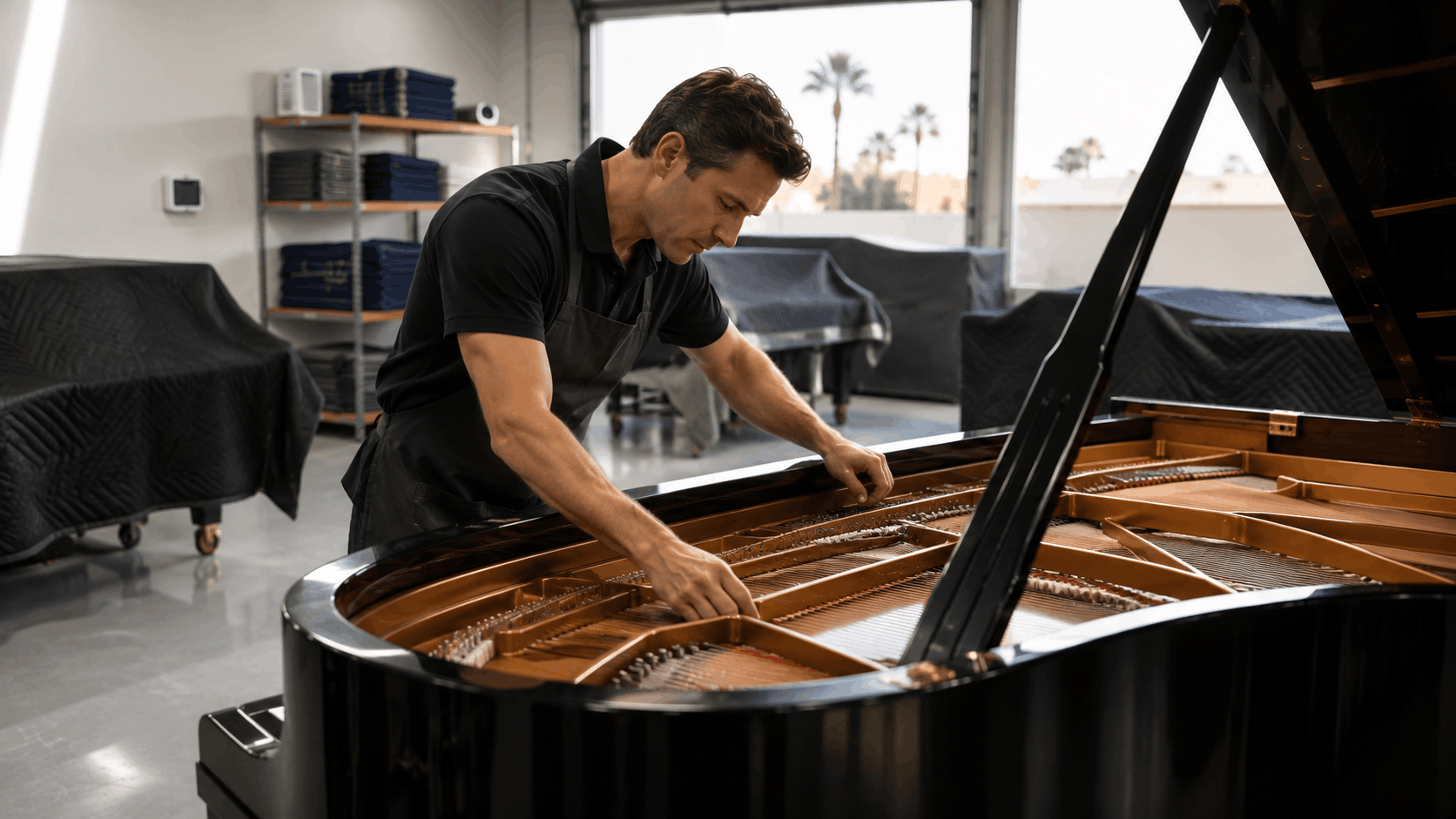 Piano technician servicing grand piano interior at Popeye Moving and Storage Los Angeles facility