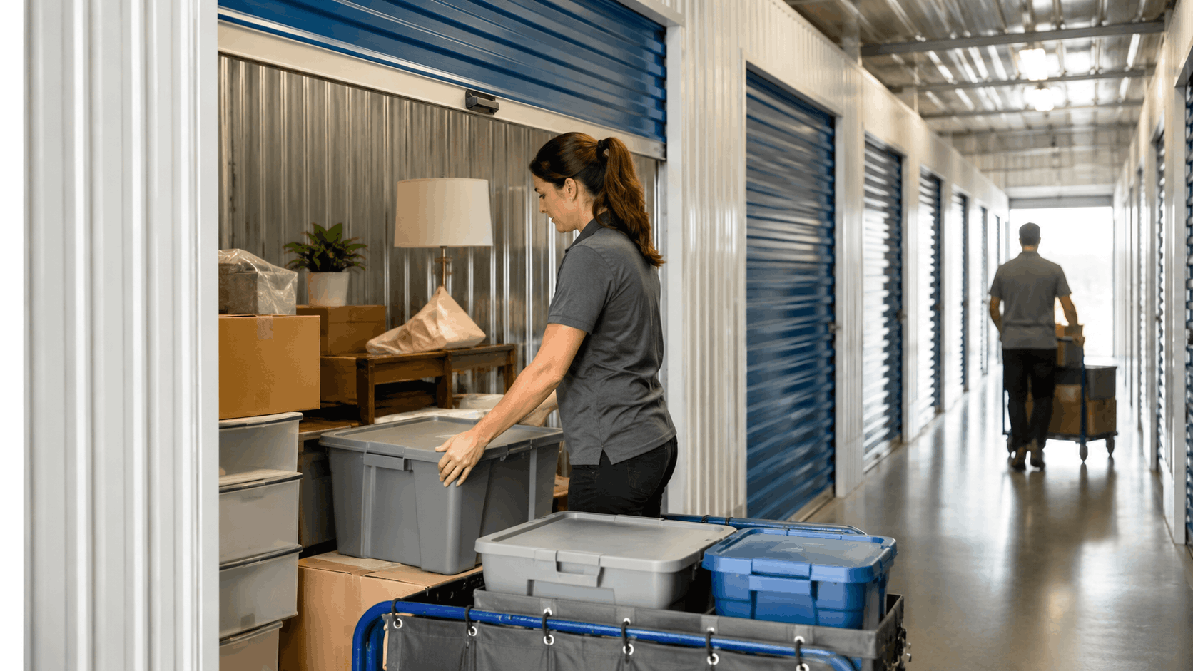Woman organizing gray storage bins into self-storage unit during estate cleanout