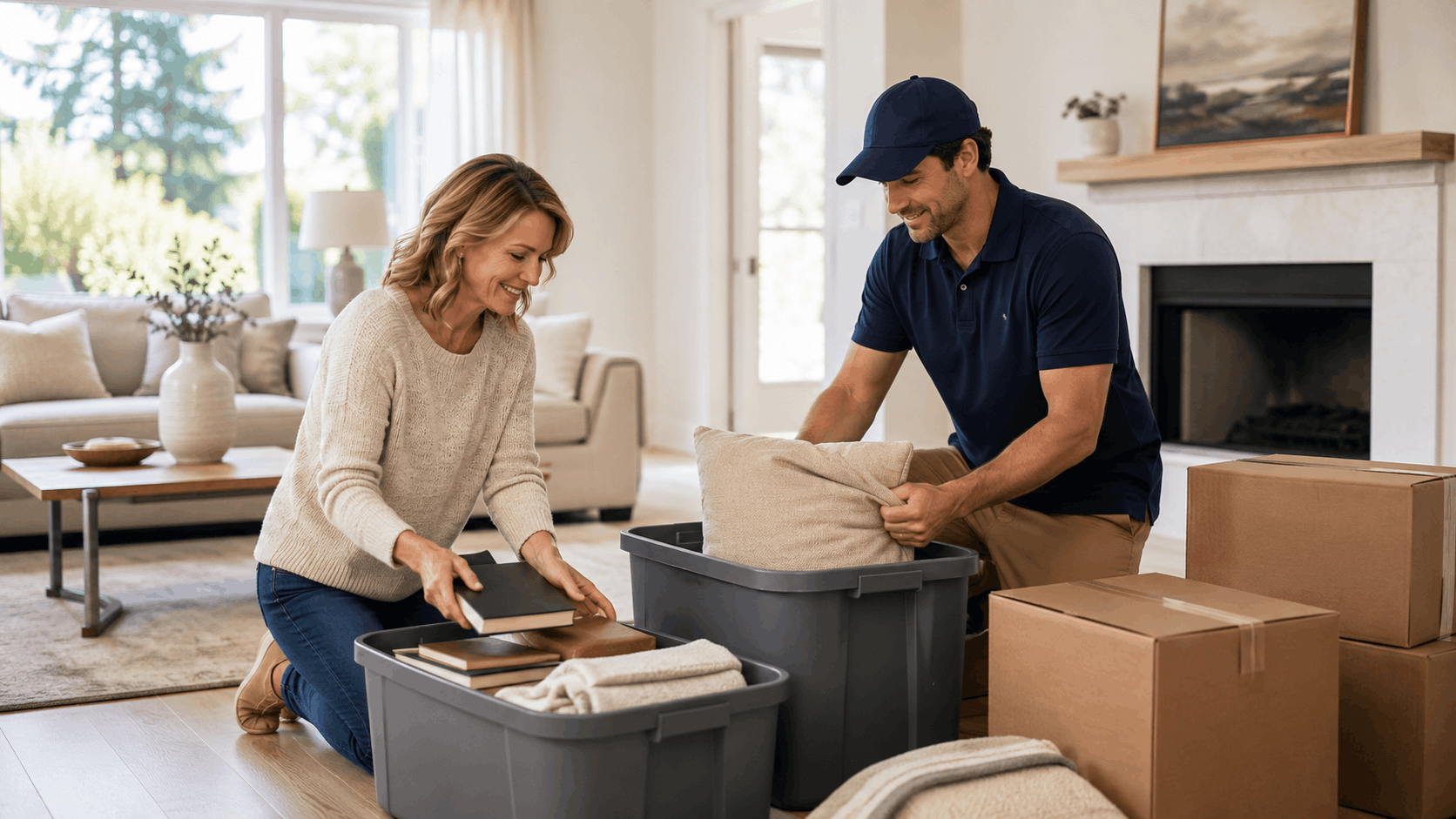 Smiling woman and mover packing belongings into storage bins and boxes